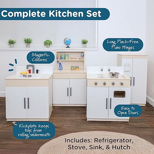 Miniatura 4 de Children's Factory - Juego de cocina de madera de 4 piezas, nevera para niños y niños pequeños, diseño y características realistas, muebles