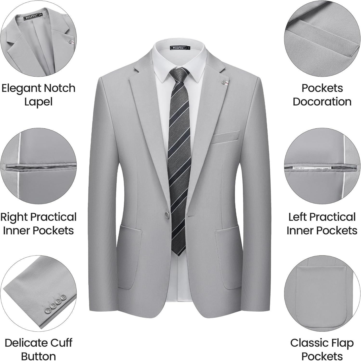 WULFUL Men's 2 Piece Slim Fit Suit Set One Button Blazer Jacket Pants Set - Image 2