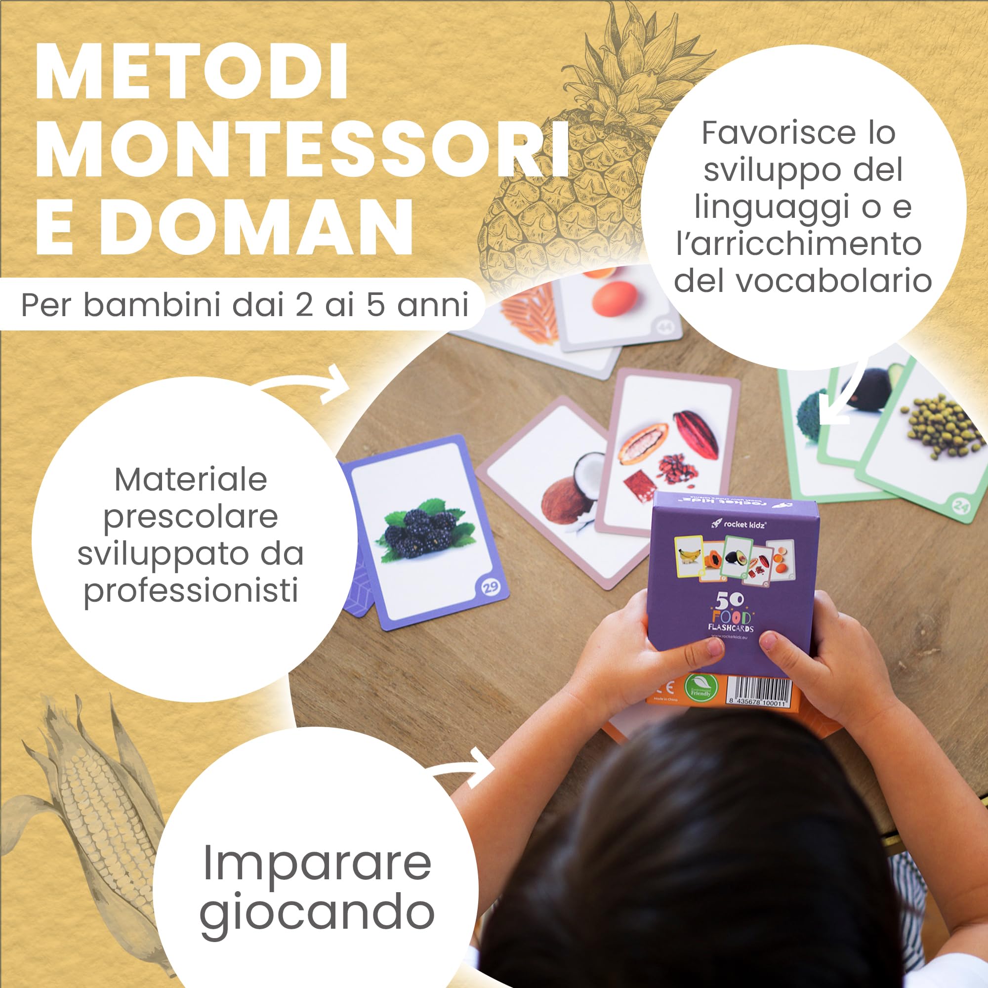 Carte prime parole Cibo - 50 Flash Cards Montessori sui Cibi Sani per la Stimolazione Precoce del linguaggio nei bambini. Carte linguaggio in 7 Lingue. Metodi Montessori e Doman