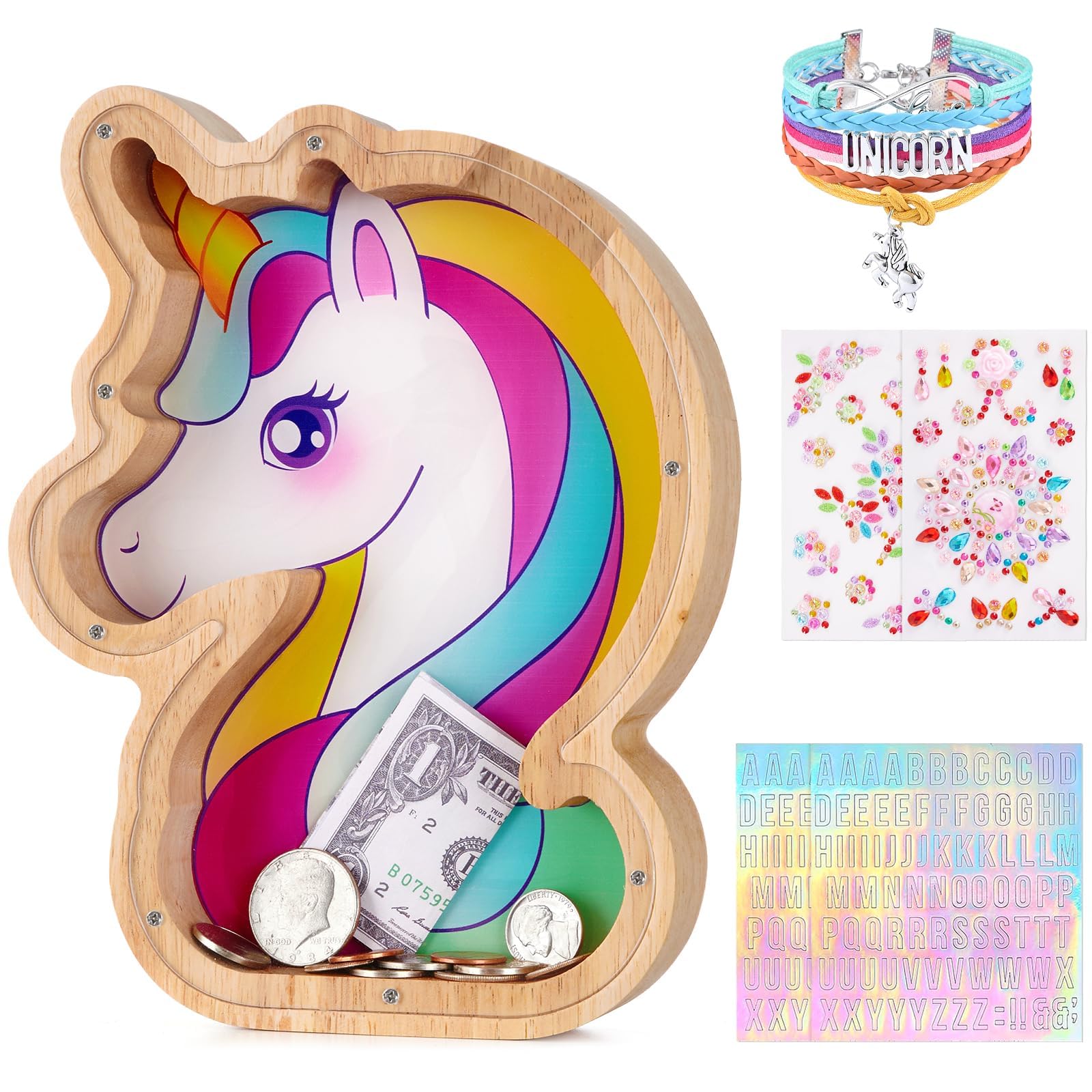 WERNNSAI Wooden Piggy Bank for Kids Unicorn Unbreakable Coin Money Bank with DIY Alphabet Stickers Unicorn Bracelet and Stickers for Girls Children's Name Personalized
