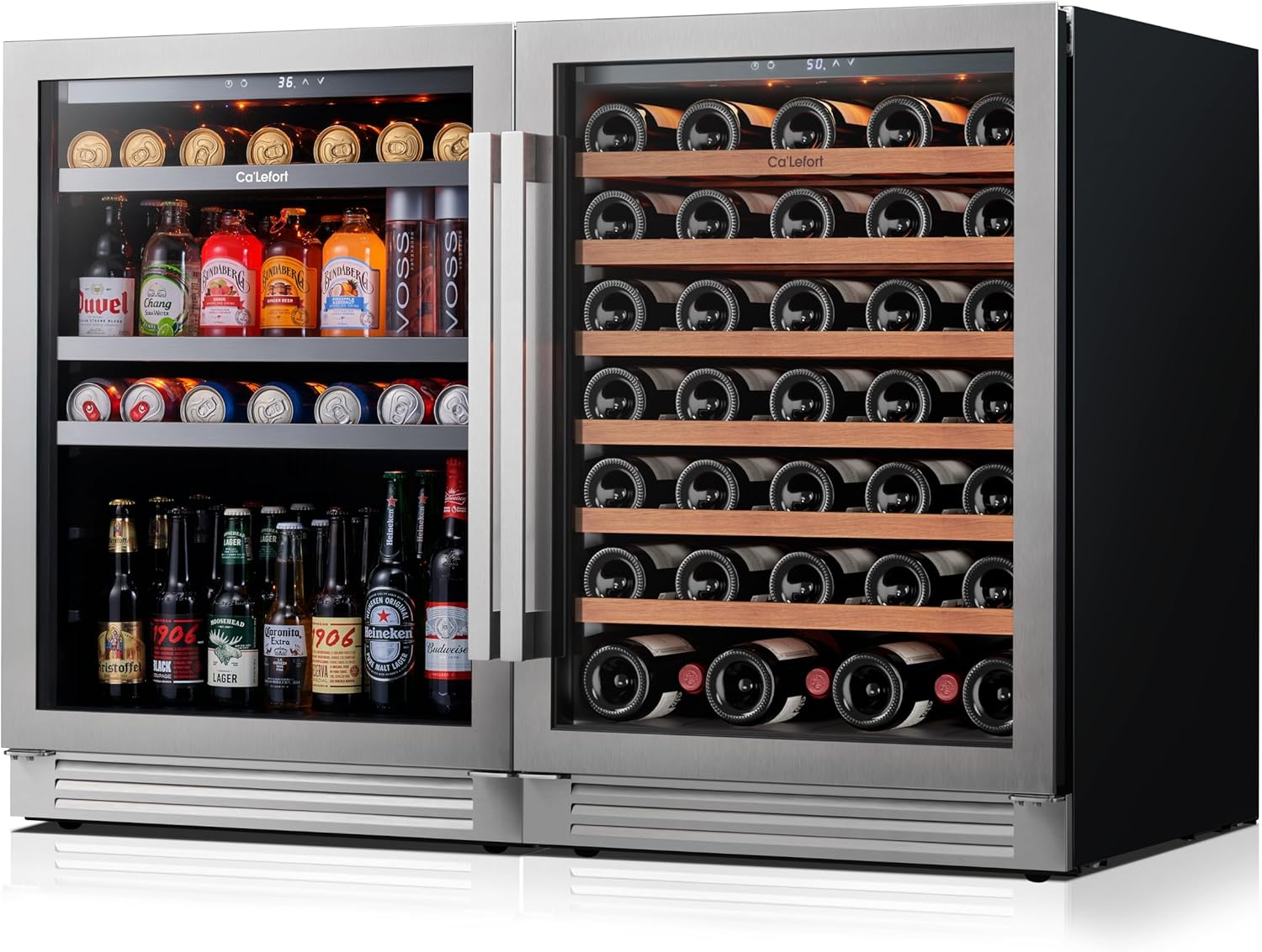 Ca'Lefort 24 Inch Wine & Beverage Refrigerator Bundle, 220 Cans & 61 Bottles Dual Zone 34-65°F Temp Control, Glass Door & 3-Color LED, Built-in or Freestanding for Home Bar Kitchen (2 Units)