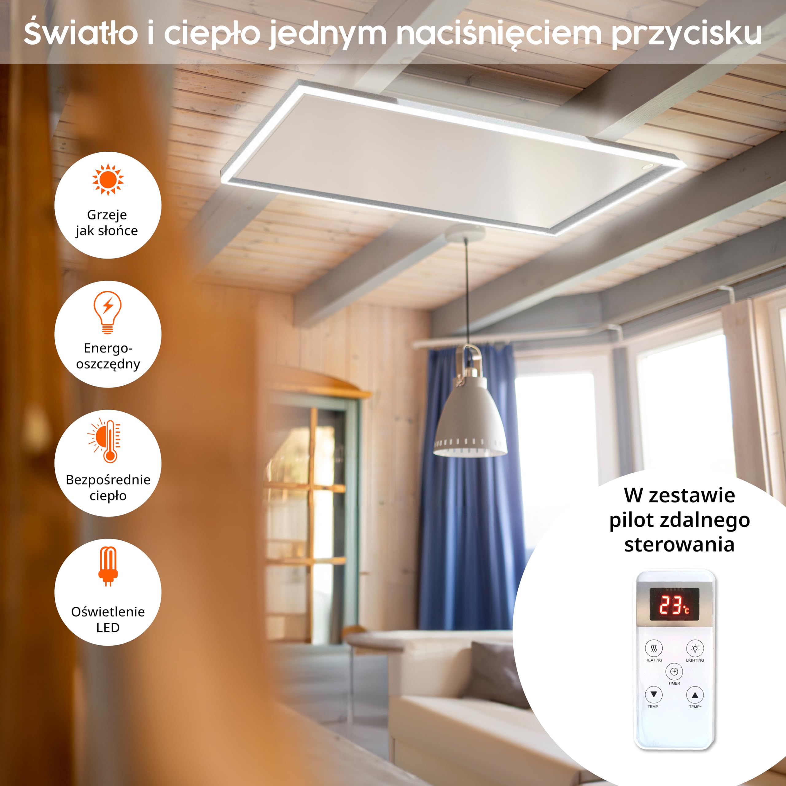 Grzejnik na podczerwień LED Könighaus - 450 W - Oświetlenie LED ✓ Montaż sufitowy ✓ Podwójne zabezpieczenie ✓ Pilot zdalnego sterowania ✓ Możliwość ściemniania jasności: chłodna, neutralna, ciepła