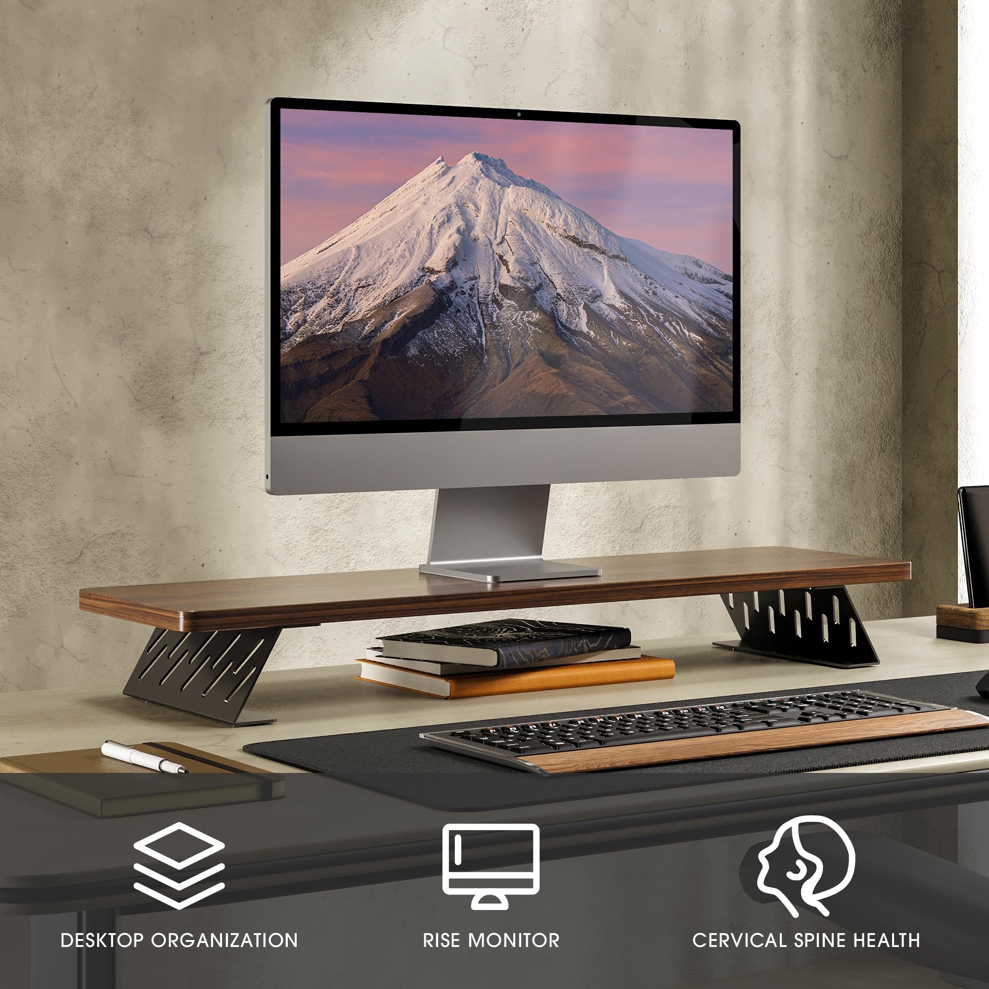 Fenge Soporte de Monitor de Madera con Estructura de Metal, Elevador para Escritorio de Doble Monitor, Soporte para Laptop, Computadora , con Estante de Almacenamiento, L80xW23.5xH10cm, Marrón