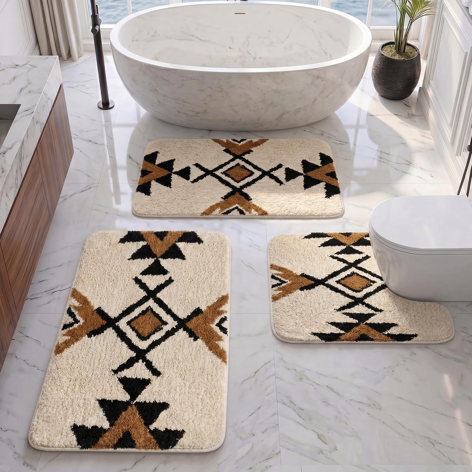Britimes Badteppich, flauschig, Mikrofaser, rutschfest, U-förmig, wasserfest, weich, saugfähig, waschbar, für Badewanne, Dusche, Waschküche, Beige, Boho, 3-teilig