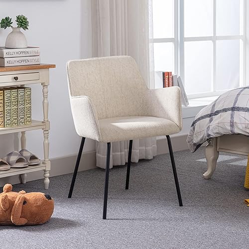 Miniatura 7 de Sillas de comedor beige con brazos, silla de comedor de lino, sillas de comedor tapizadas modernas con patas de metal, silla pequeña para espacio