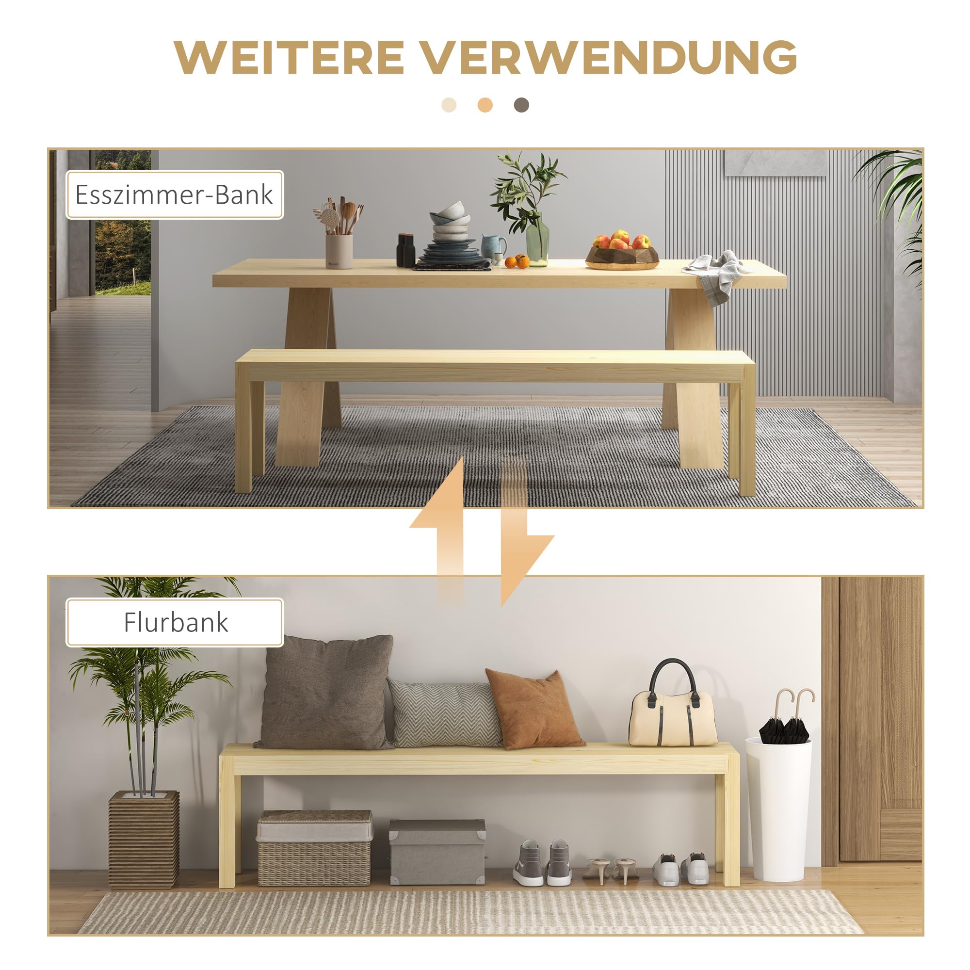 HOMCOM Banc de cuisine 3 places en bois - Charge maximale : 330 kg - Design maison de campagne - Pour couloir, entrée, cuisine, salle à manger - Bois - 175 x 33 x 45 cm - Naturel