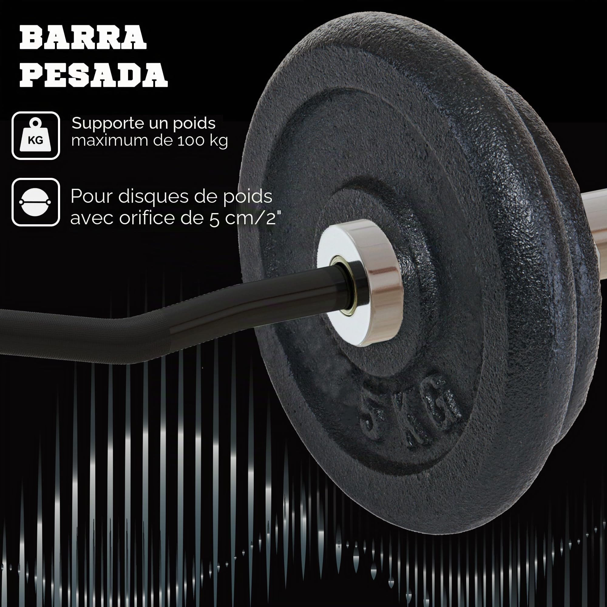 SPORTNOW Barre de poids en acier 120 cm 8 kg Barre curl EZ Ø50 mm avec 2 embouts Charge 100 kg Barre olympique pour les disques de Ø5 cm Entraînement en gym à la maison Noir et argent SPORTNOW Barre