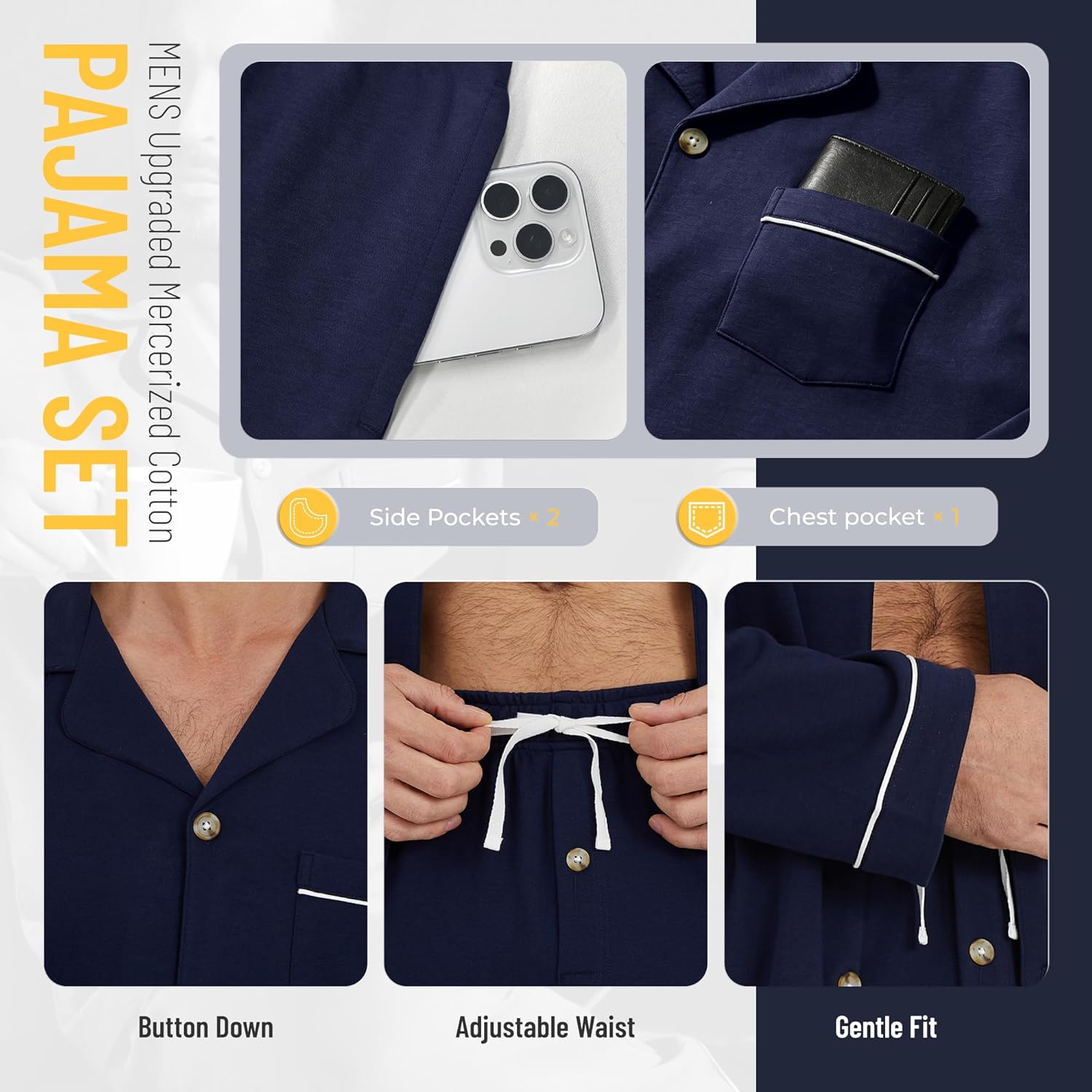 U2SKIIN Men’s 100% Cotton Pajama Set, Soft Breathable Long Sleeve Button Down Pajamas for Men Sleepwear for Home