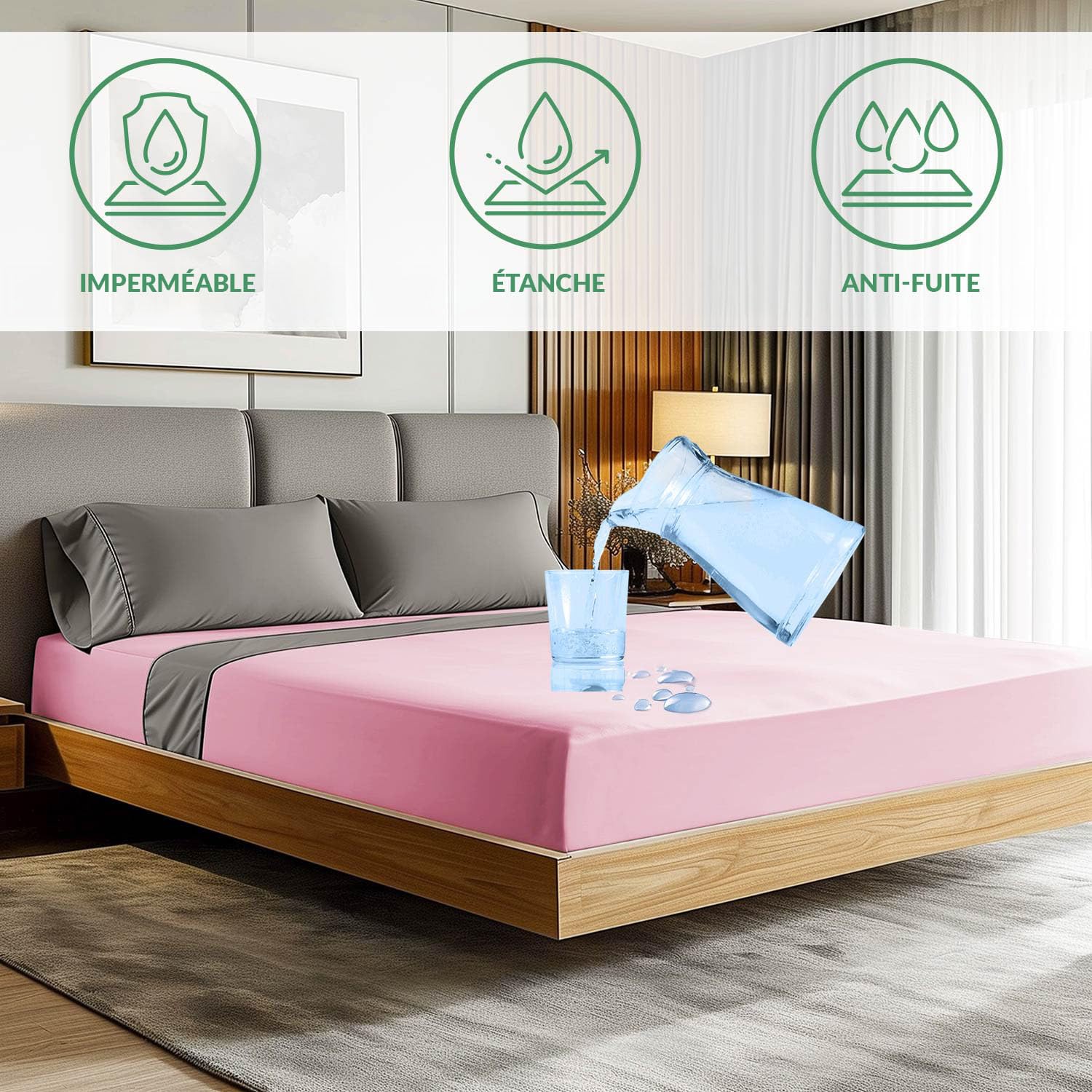 Protector de Colchón 160 x 200 cm - Protector de Cama Impermeable - Sábana Bajera Ajustable - Antihumedad - Funda de Colchón Jersey Transpirable de Mezcla de Algodón - Rosa Claro