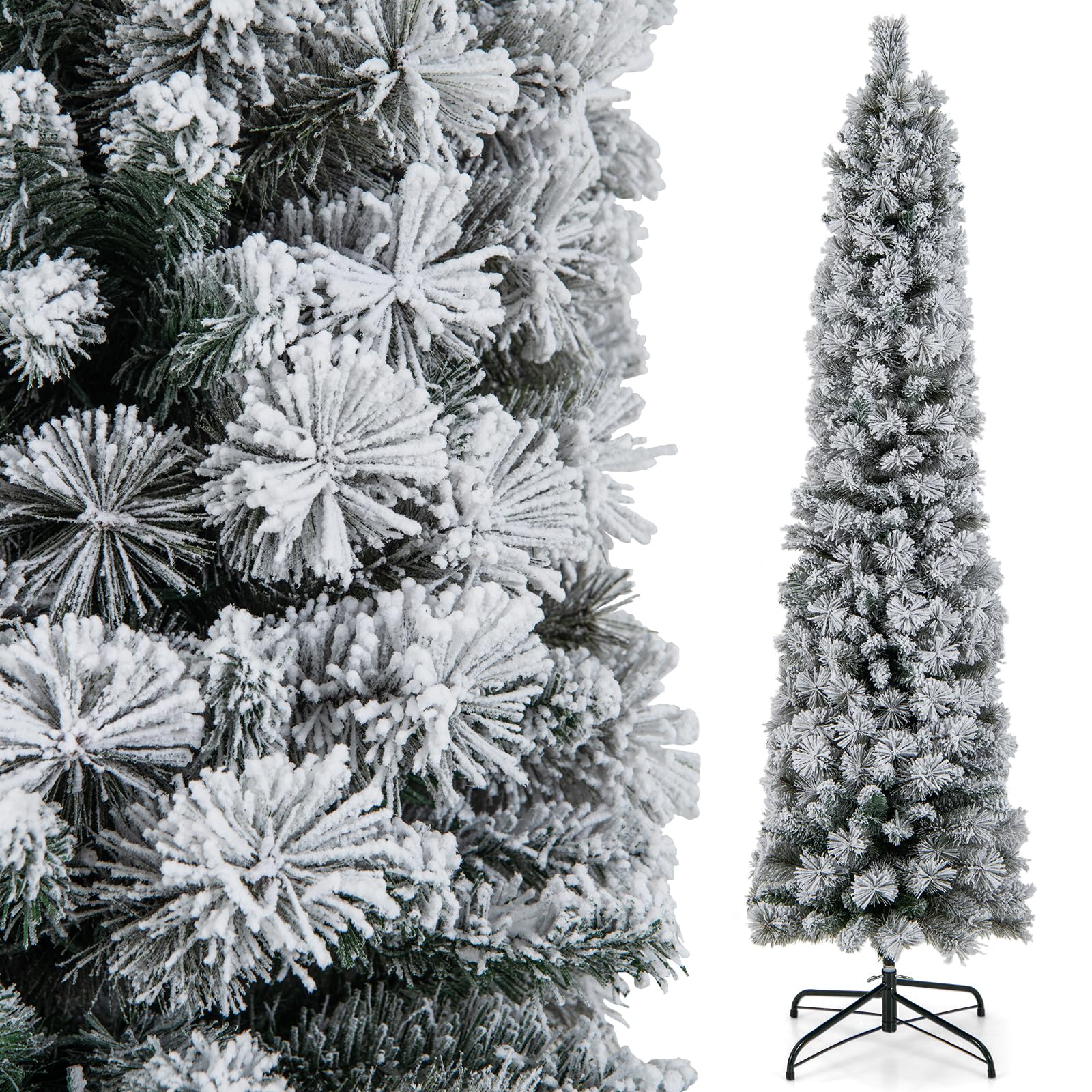 COSTWAY Sapin de Noël Artificiel 180 cm Lumineux LED, en Forme de Crayon, Floqué de Neige, 150 Lumières Blanches Chaudes, 373 Pointes de Branches, Aiguilles de Pin, pour Maison, Bureau