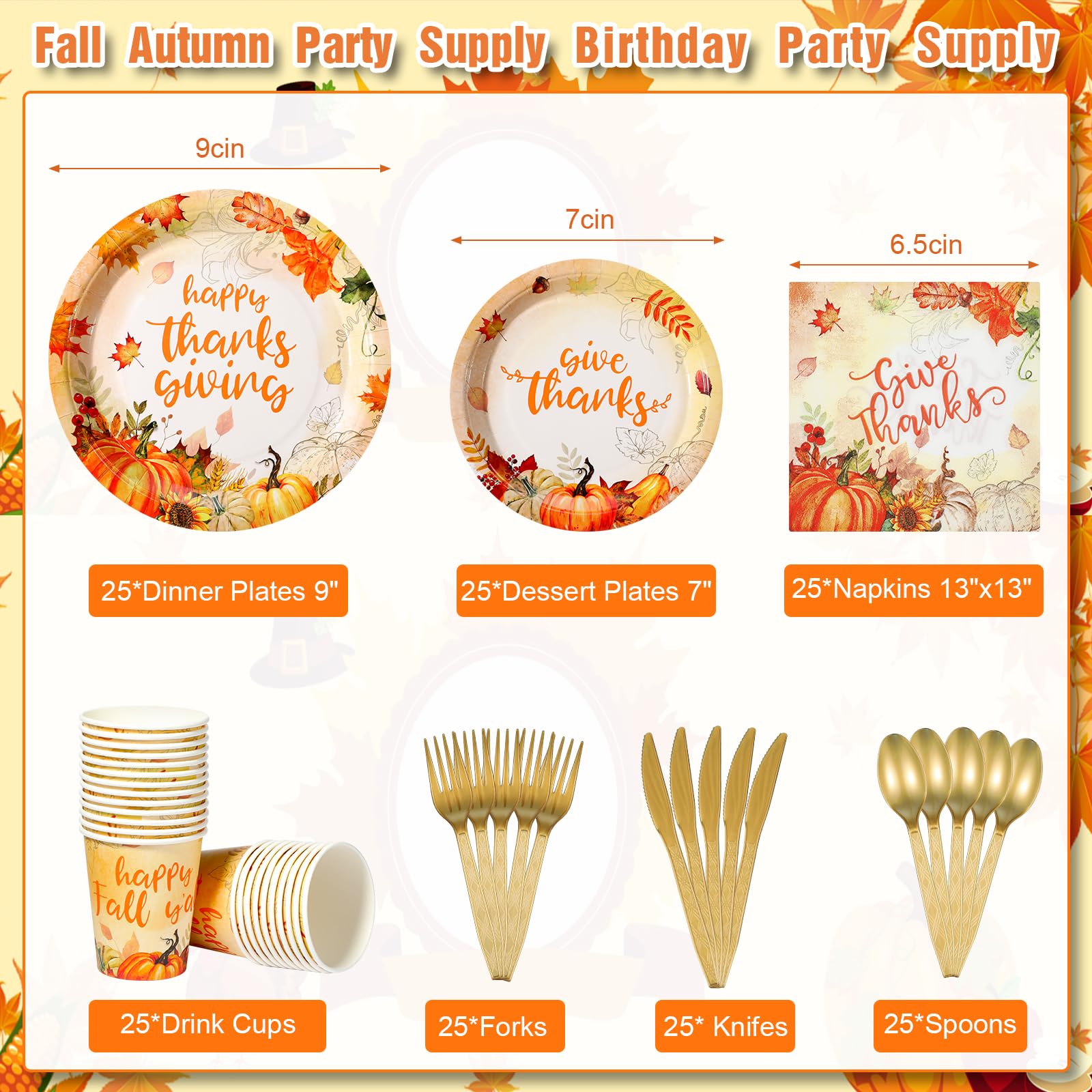 Fall Autumn Party Supplies Thanksgiving Plates and Napkins Set Watercolor Pumkin Maple Disposable Tableware Paper Plates Napkins Cups Knives Spoons Forks Straws for Give thanks Party Decor Serve 50