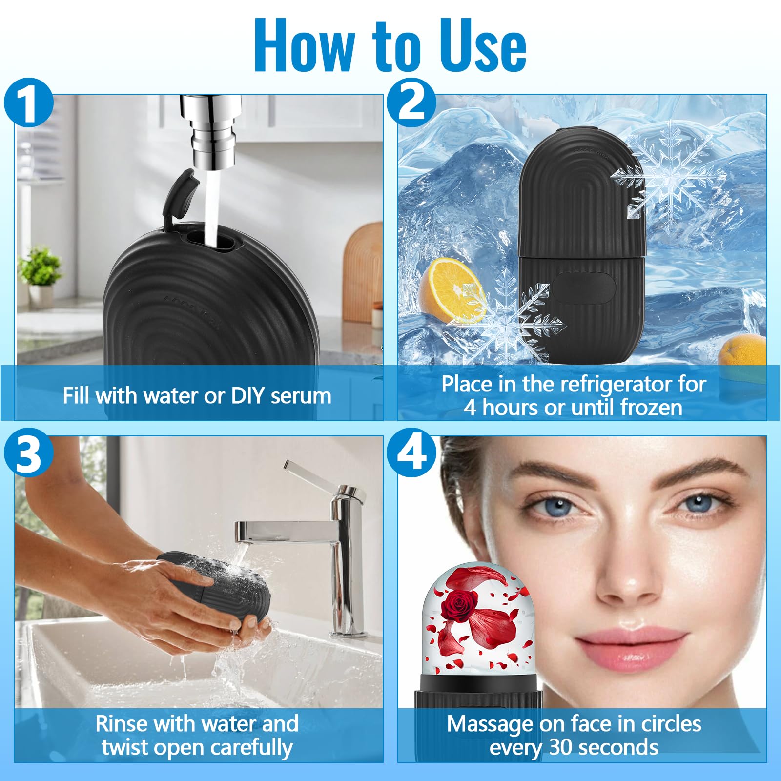 4 sztuki Ice Roller do twarzy, twarzy, oczu, wielokrotnego użytku, do ujędrniania twarzy, zmniejszania porów, zmniejsza opuchliznę, rozjaśnianie zmarszczek, pielęgnacja skóry