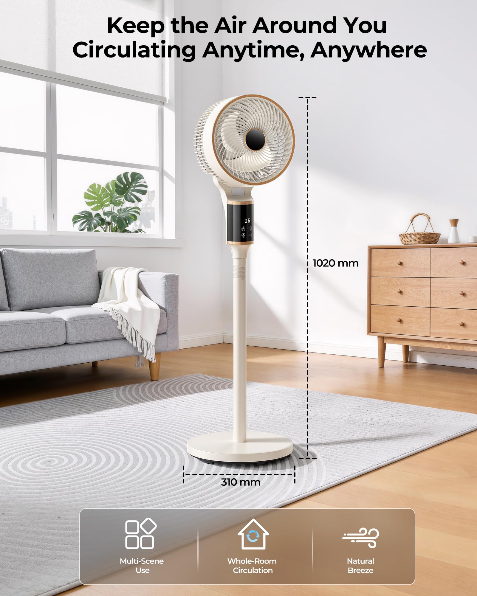 Ventilatore a Piantana Silenzioso, DC Ventilatore Silenzioso Potente con Telecomando 60°+90° Oscillazione , 102CM Altezza ,12 Velocità, Timer 12H Altezza Regolabile (L)