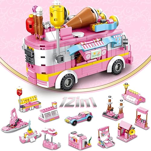 Miniatura 2 de PANLOS Juguetes de construcción para niñas 12 en 1 de bloques de construcción de camiones de helado kit de vehículos de construcción juego de