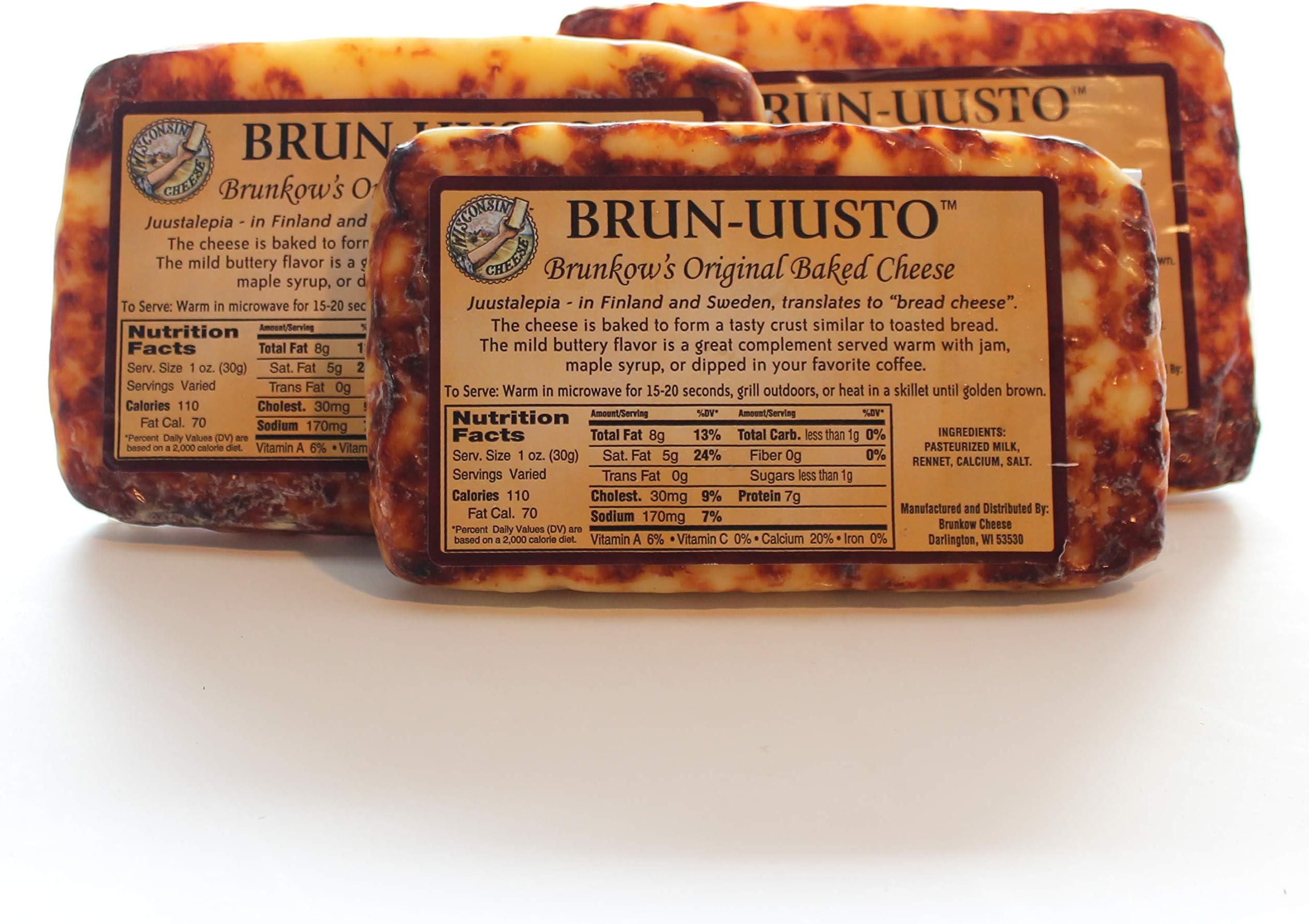 Brunkow Cheese Brun-Uusto Baked Grilling Cheese 3-Pack | Original Flavor | (3) 8 oz Pieces | Heat & Eat Authentic Wisconsin Grilling Cheese