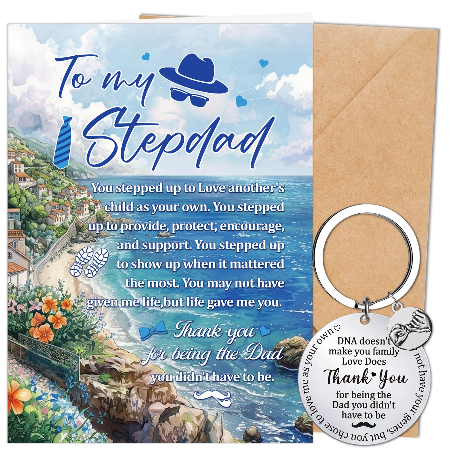 Eiapadeor Stepdad Fathers Day Card Gift - Happy Step Dad Father's Day Greeting Card with Envelope and Keyring Gifts for Step Dad Daddy Papa Father from Stepson Stepdaughter