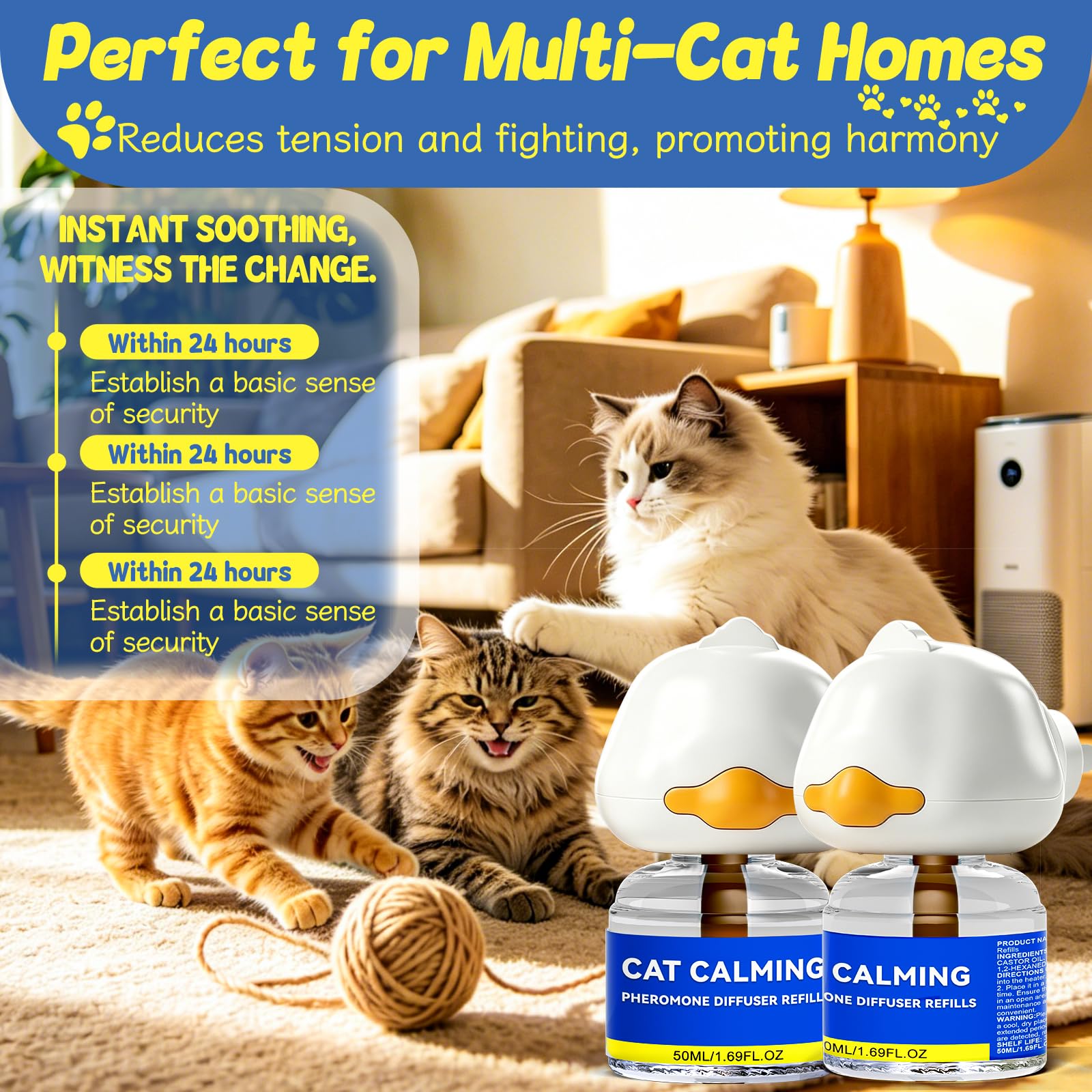 MINIBIRD Diffuseur de phéromones apaisantes pour chat – Soulagement de 30 jours (2 branchements et 4 recharges) pour tension multi-féline, réduit la dissimulation et la pulvérisation pendant le