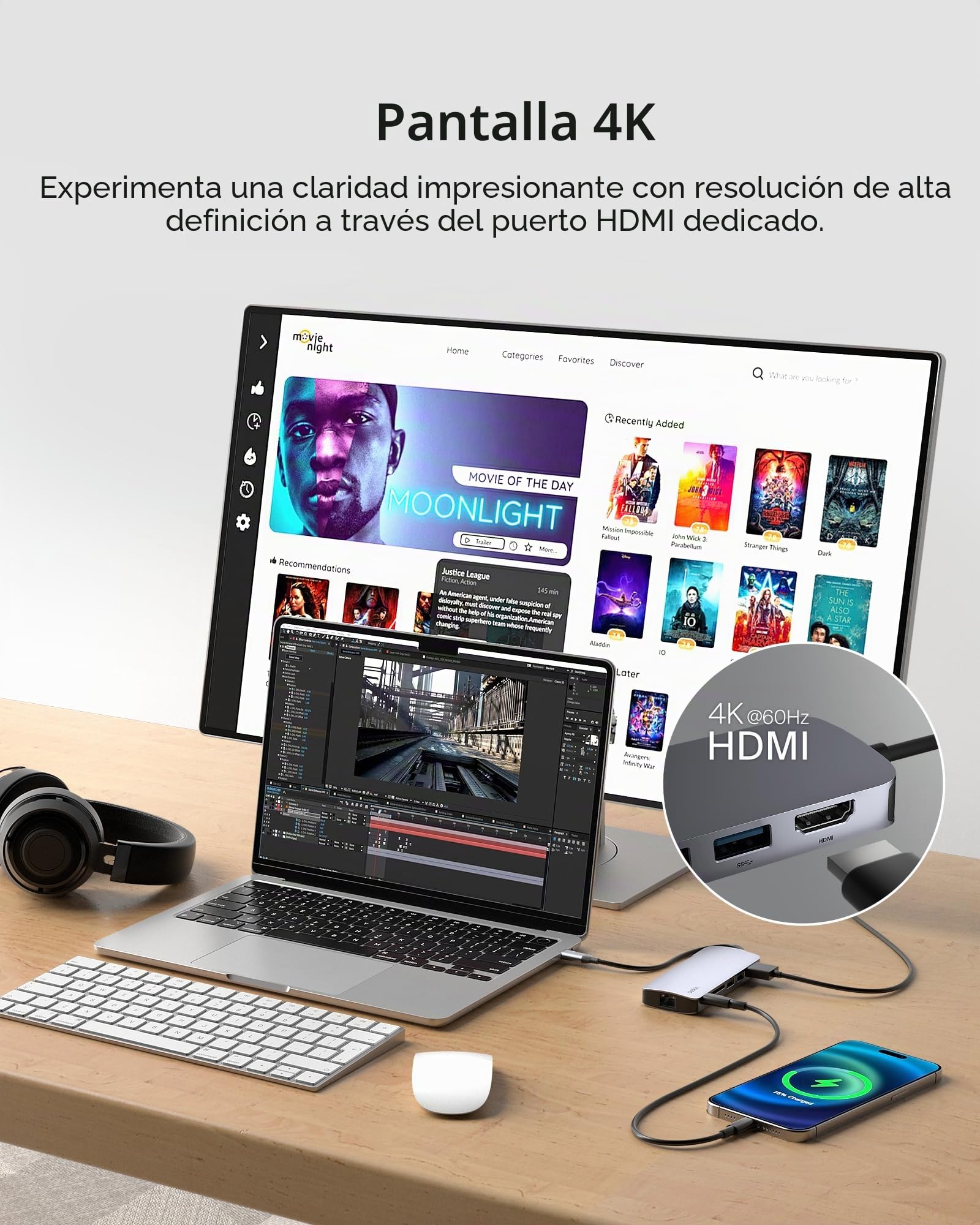 Belkin Hub USB-C: Base Adaptador multipuerto 6 en 1 con HDMI 4K, Carga de Paso PD USB-C de 100 W, 2 Puertos USB-A, Puertos Gigabit Ethernet y Ranura SD para MacBook Pro, Air, iPad, Pro, XPS y más