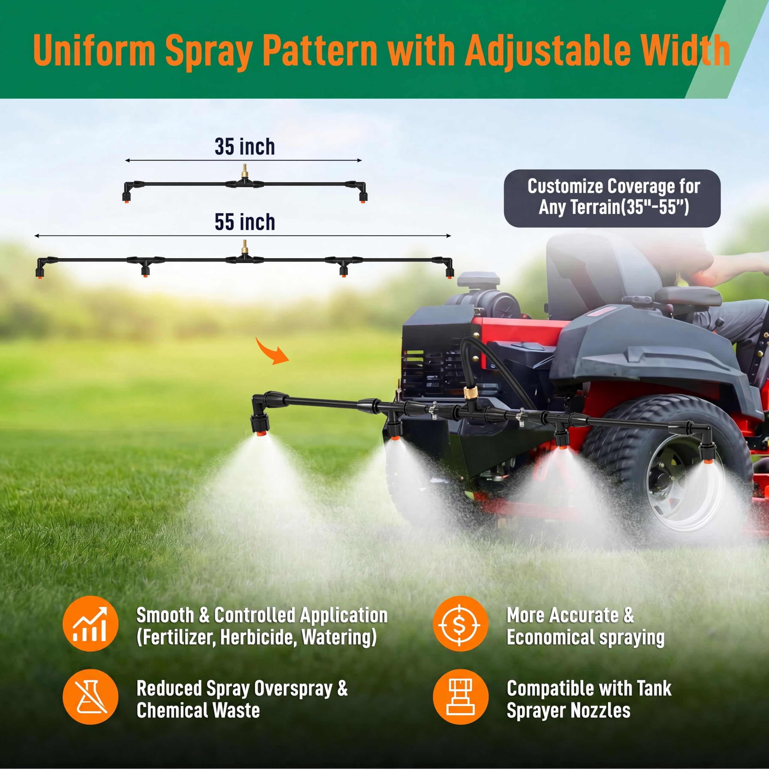 Condition photo showing New/Like New for boom sprayer wand atv sprayers boom kit with 3/8 inch brass barb fittings | wide coverage sprayer attachment for utv tractor tow behind sprayers agricultural lawn spray system
