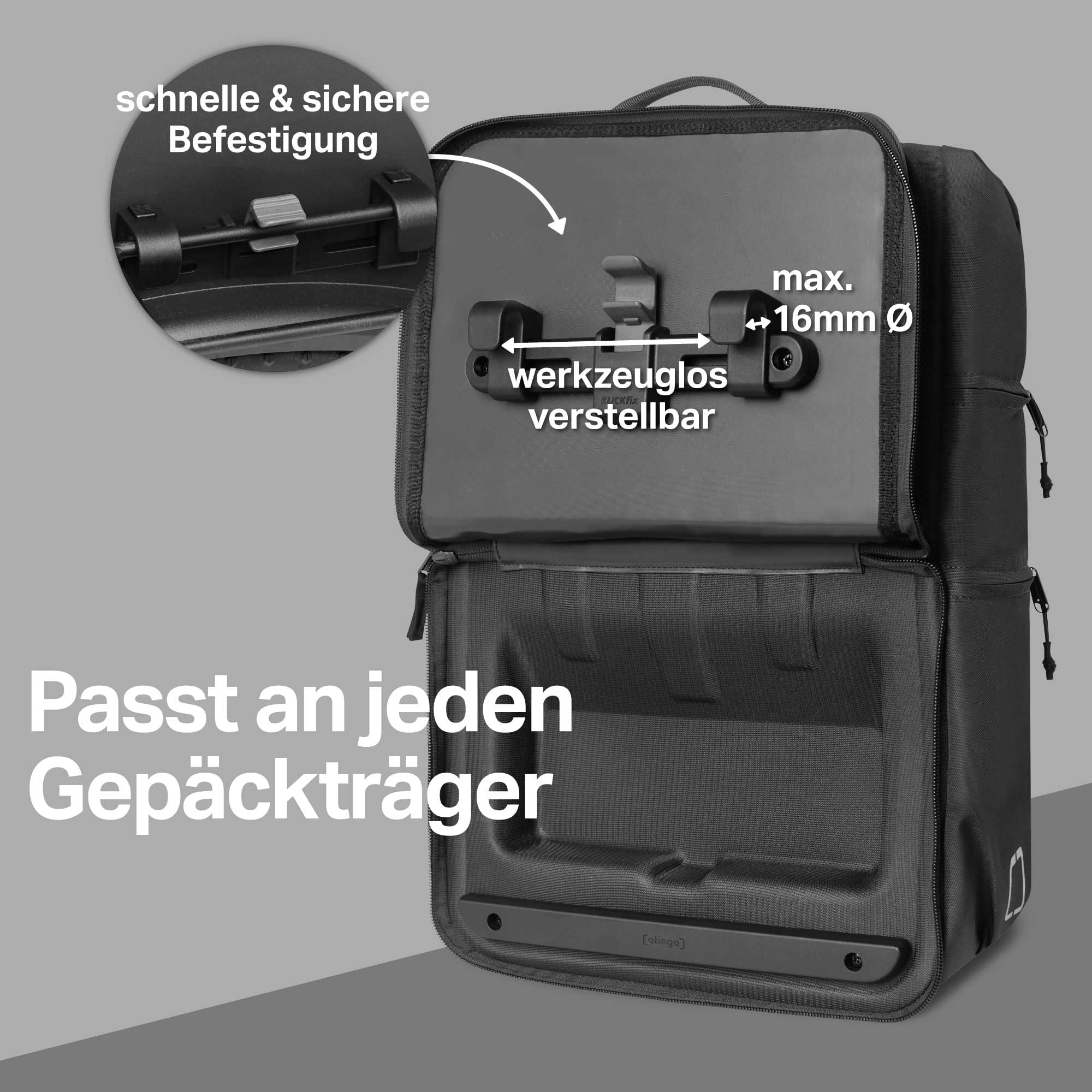 otinga® Flip V2 - Mochila para bicicleta (volumen de 34 L), para cualquier portaequipajes, elegante bolsa portaequipaje con mochila, convertida en 7 segundos, impermeable, Negro , Mochila de