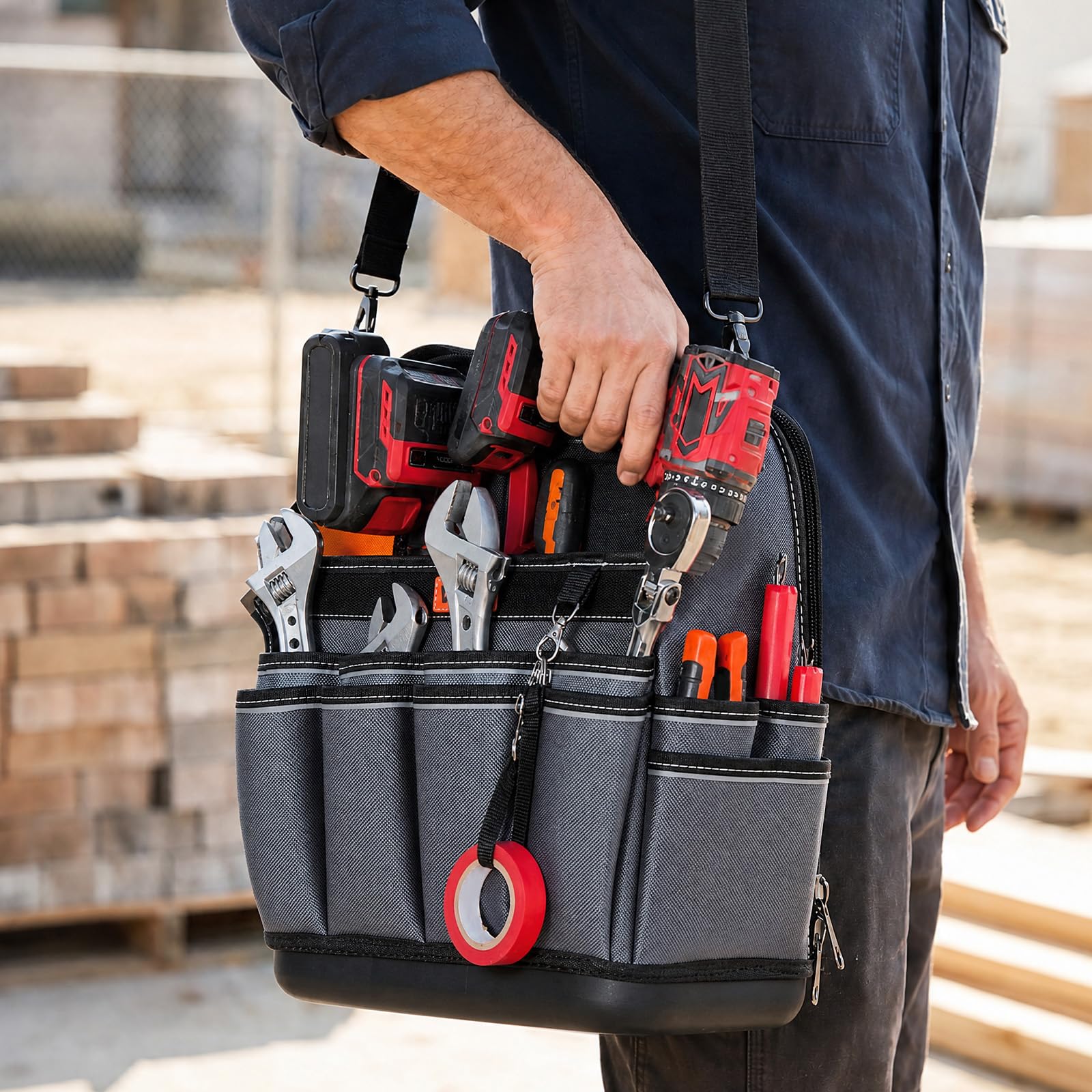 VEVOR Borsa Portautensili Aperta 335 mm, 39 Tasche, Organizer Portatile per Attrezzi con Base Rigida in Plastica, Resistente all'Acqua, Tracolla Regolabile, per Professionisti, Fai da Te e Cantiere