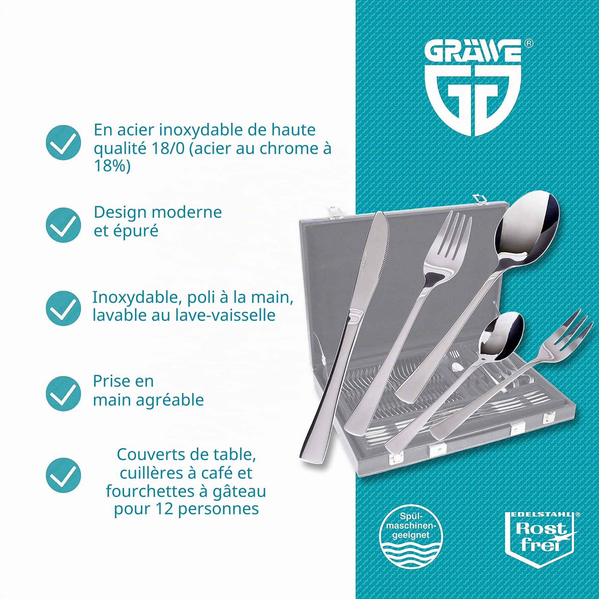 GRÄWE Coffret à couverts pour 12 personnes en acier inoxydable, set de couverts 60 pièces, boîte de rangement avec fourchettes à gâteau - Série Würzburg