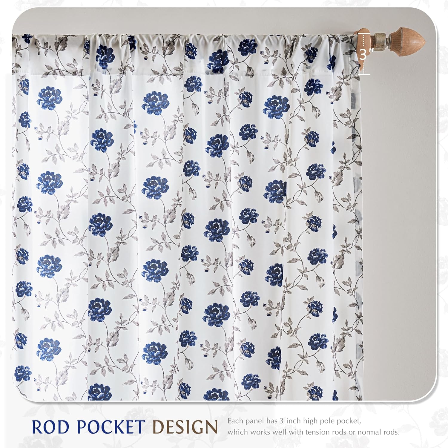 Beauoop Floral Sheer Curtains 96 Inches Long 2 Panels for Bedroom Living Room Blue Brown Flower Patterned Vintage Rose Light Filtering Silk-Like Rod Pocket Semi Voile Window Drapes, 52X96 2 Set