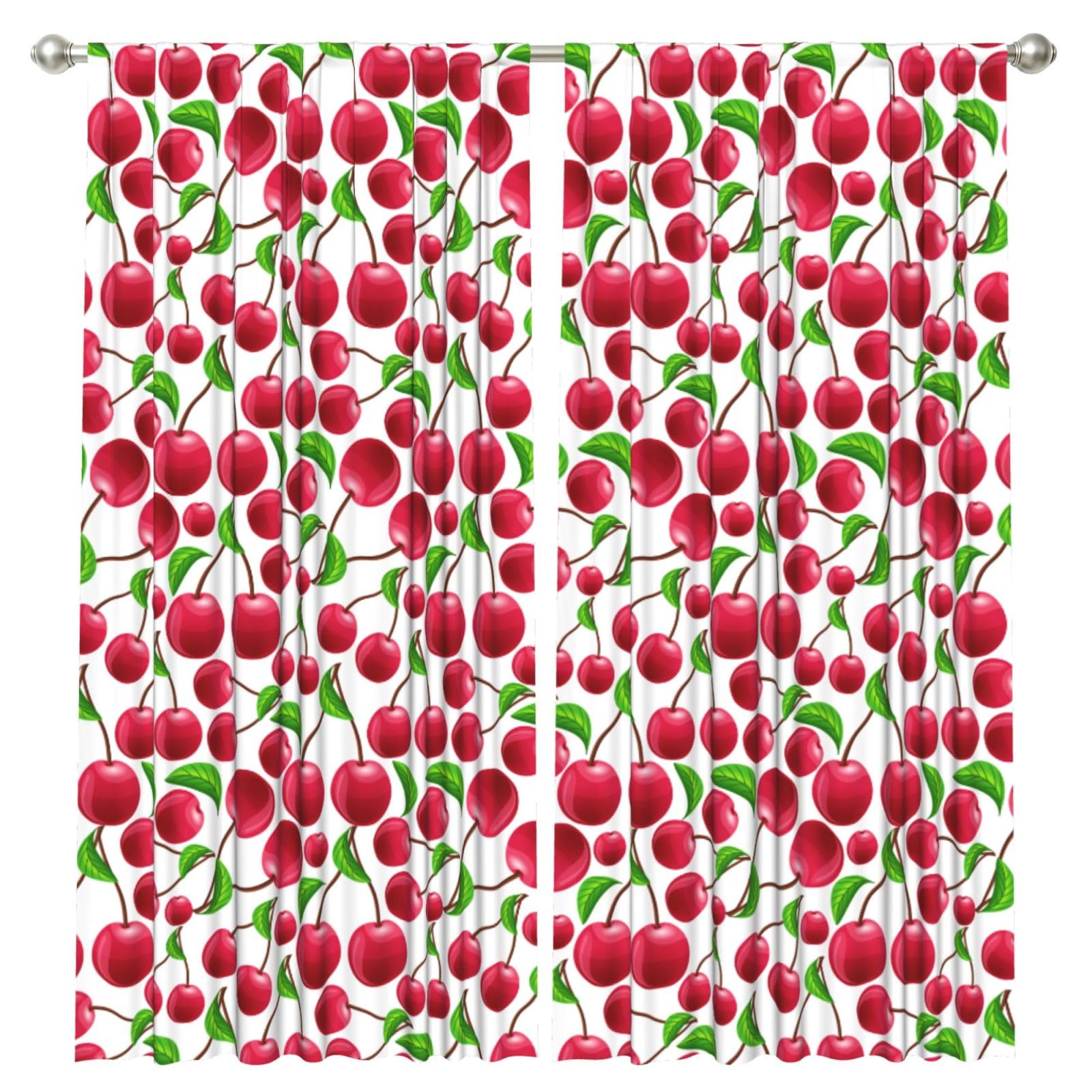 InOmak Red Cherries Printed, 2 Panels Window Curtains 52 x 84 Inch Blackout Curtains for Living Room Bedroom