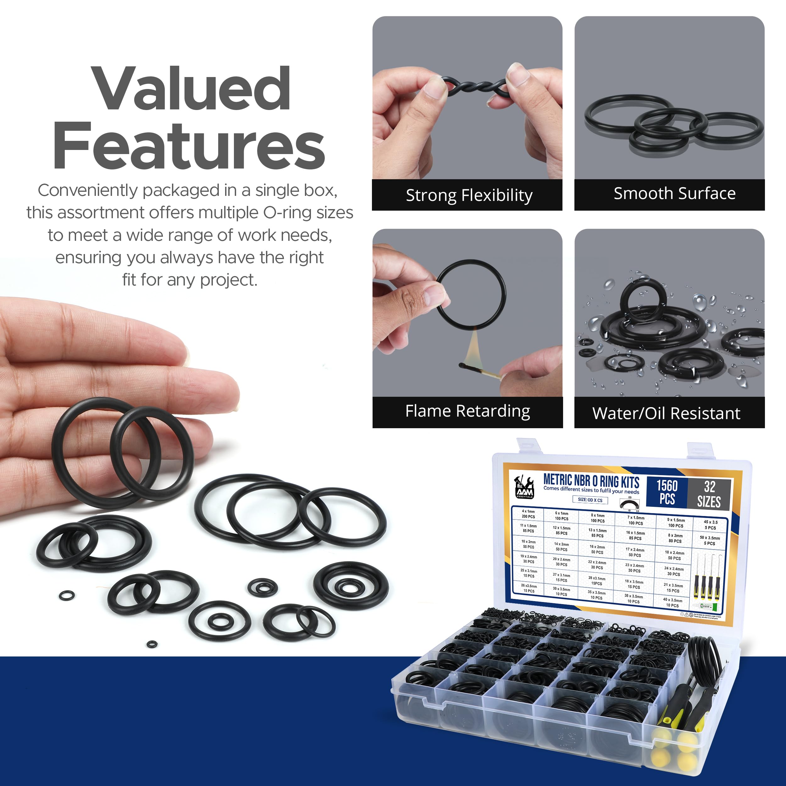 O-Ring-Set, 1560-teilig, 32 Größen, O-Ring-Set, Nitrilkautschuk, Set mit 4 Haken und Fettschlauch für Auto, Sanitär, Hochdruckreiniger