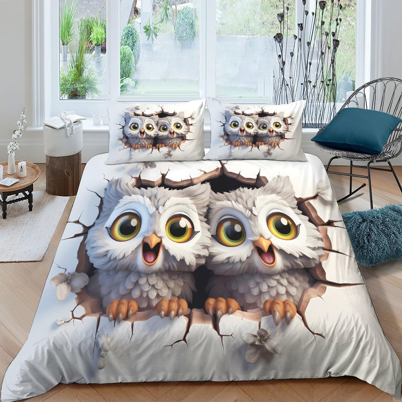 Ctjqhvkz Style-2 3D Printed Cartoon Owl Fitted Sheet Microfiber Soft Breathable Cracked Wall Bed Cover For Bedroom Guest Room Decor Single（135X200cm）