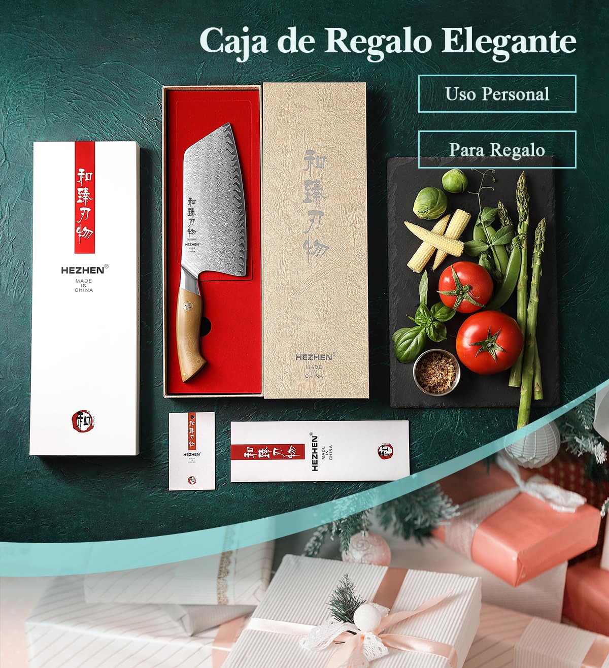 HEZHEN Damasco Hachas de Cocina Para Rebanar Carne, Multiusos Cuchillo de Chef Carnicero Chino,Cuchillos de Carne Profesional,Full Tang Mango