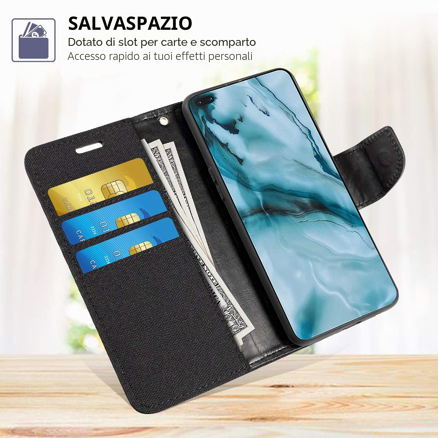 Custodia Flip in Tessuto Oxford e Pelle PU Compatibile con Doogee S118, Cover Protettiva con Chiusura Magnetica e Tasche per Carte (Nero) | 6.58" Custodia flip portafoglio in tessuto Oxford con guscio interno in TPU, supporto integrato e portacarte
