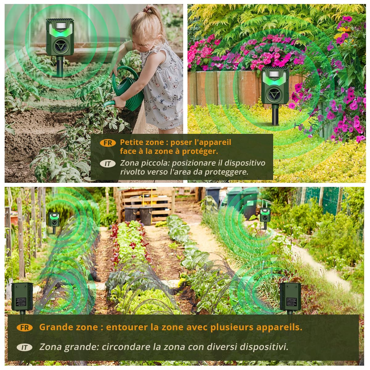 Répulsif Chat Ultrason avec Lumière Flamme LED, Recharge Solaire et USB, Étanche pour Jardin Potager, Lot de 2