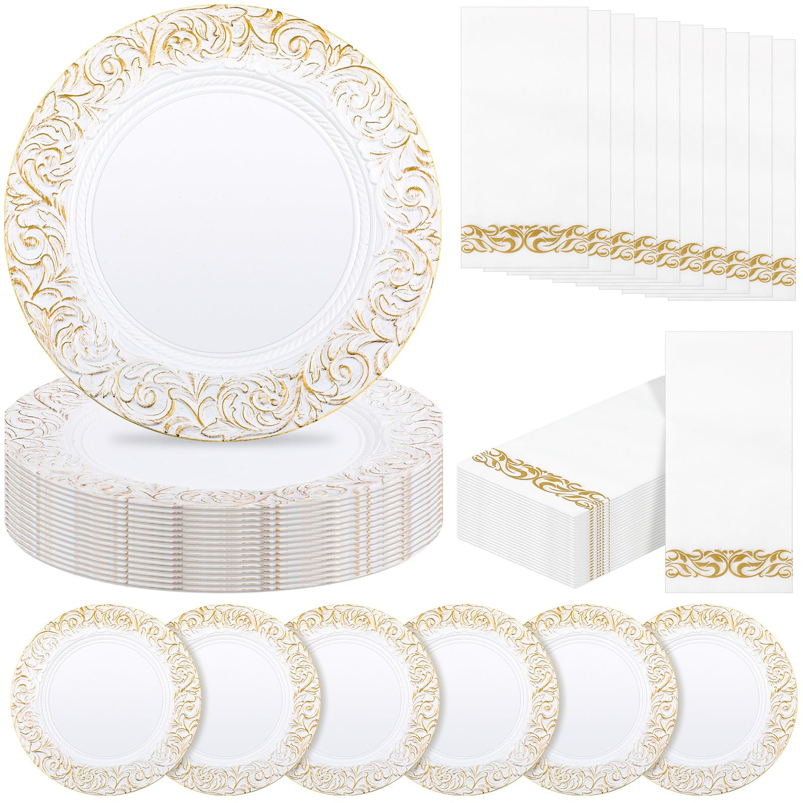 Photo 1 of **SIMILAR ITEM** FoldTier 30 Set Antique Charger Plates with Napkins Set 13 Inch Plastic Round Chargers Bulk Embossed Rim Dinner Plates Elegant Guest Towels for Wedding Party Event Table Decoration Setting (White)