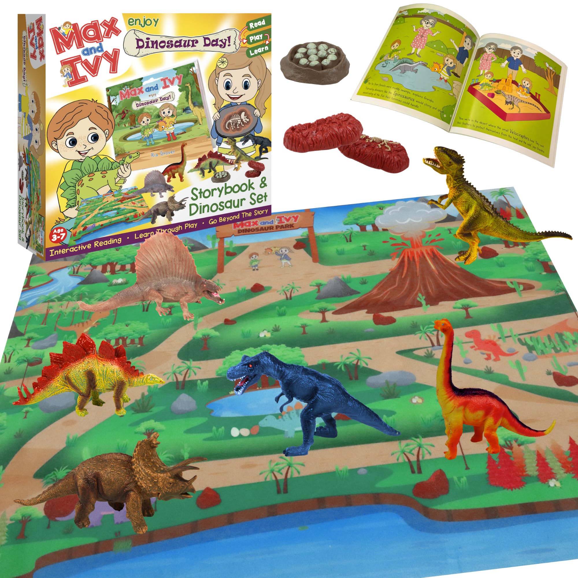Dinosaur Toys for Kids Ages 3-7  Ultimate Dinosaur Figures Playset with Playmat, Fossils & Eggs  Educational Dinosaur Toy with Fun Illustrated Storybook  Science Learning Set  Max and Ivy