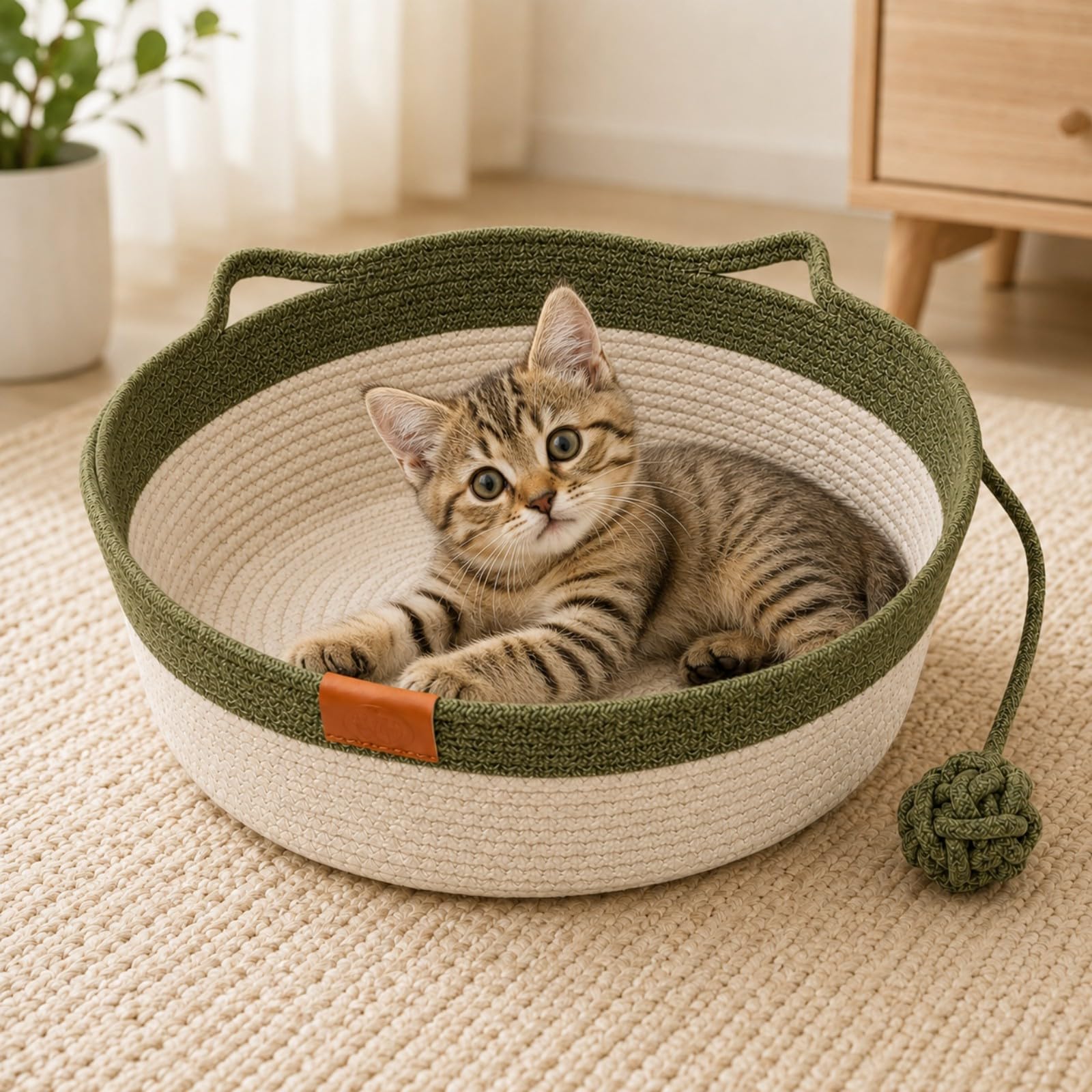 Handwoven Cat Basket with Hanging Ball Toy, Cotton Rope Cat Bed for Indoor Cats and Kittens, Cosy Round Cat Nest, Breathable Foldable Pet Bed Basket with Cat Ear Design for Small Cats (Green,L)