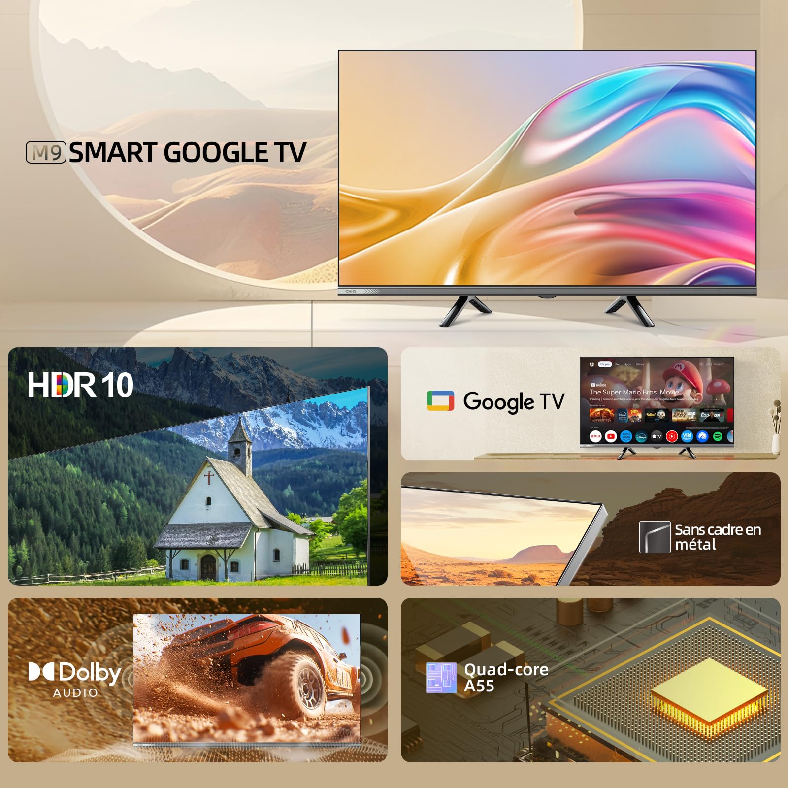 CHiQ L32M9E Téléviseur Smart 32 Pouces (80 cm), HDR10, Google TV, Tuner Triple, Dolby Audio, DBX-TV, HDMI, USB, sans Cadre en métal, Noir