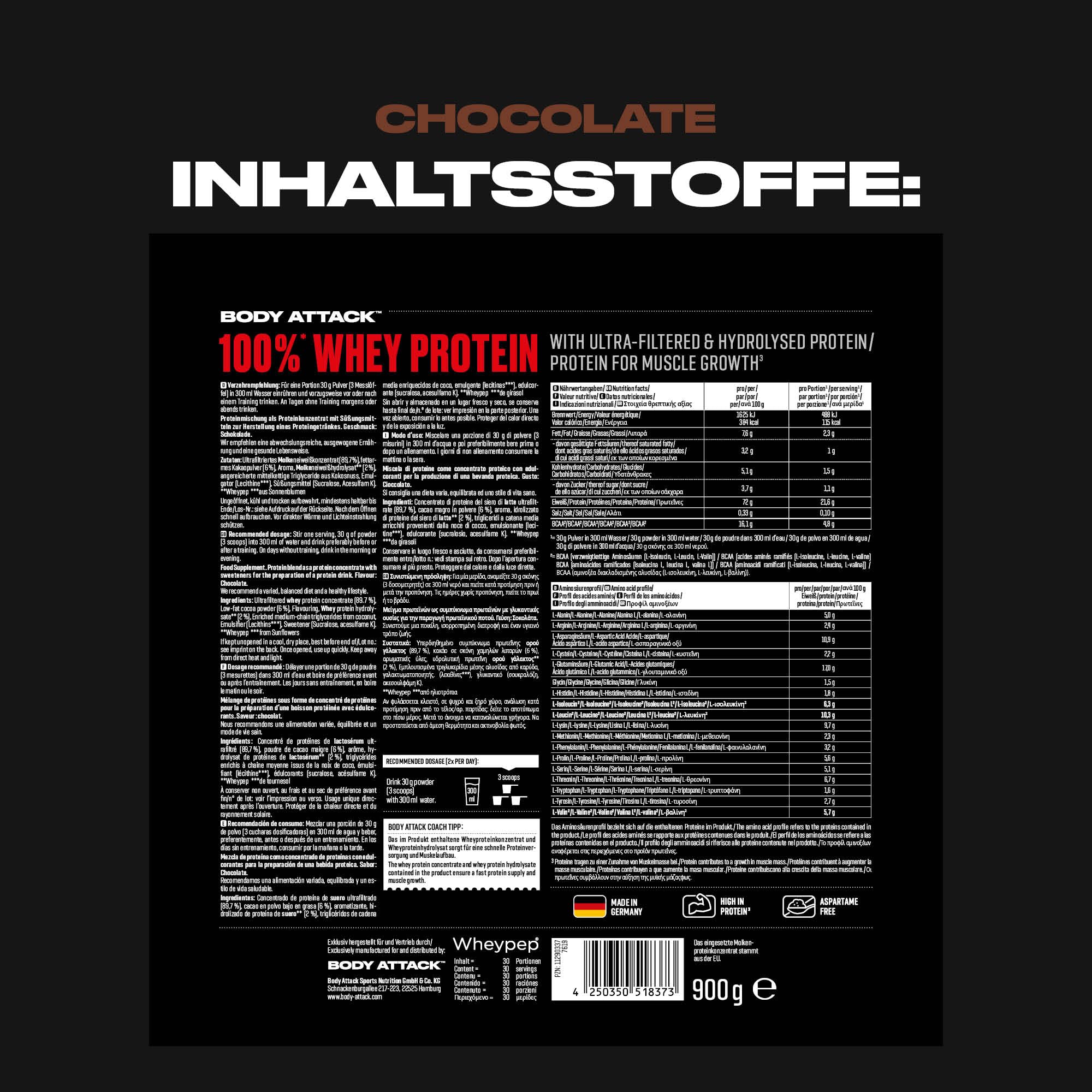 Body Attack 100% Whey Protein - Chocolate, 900 g - Made in Germany - extra cremiges Eiweißpulver mit Hydrolysat und BCAA´s, unterstützt Muskelaufbau und Diäten, für alle Sportler & Athleten