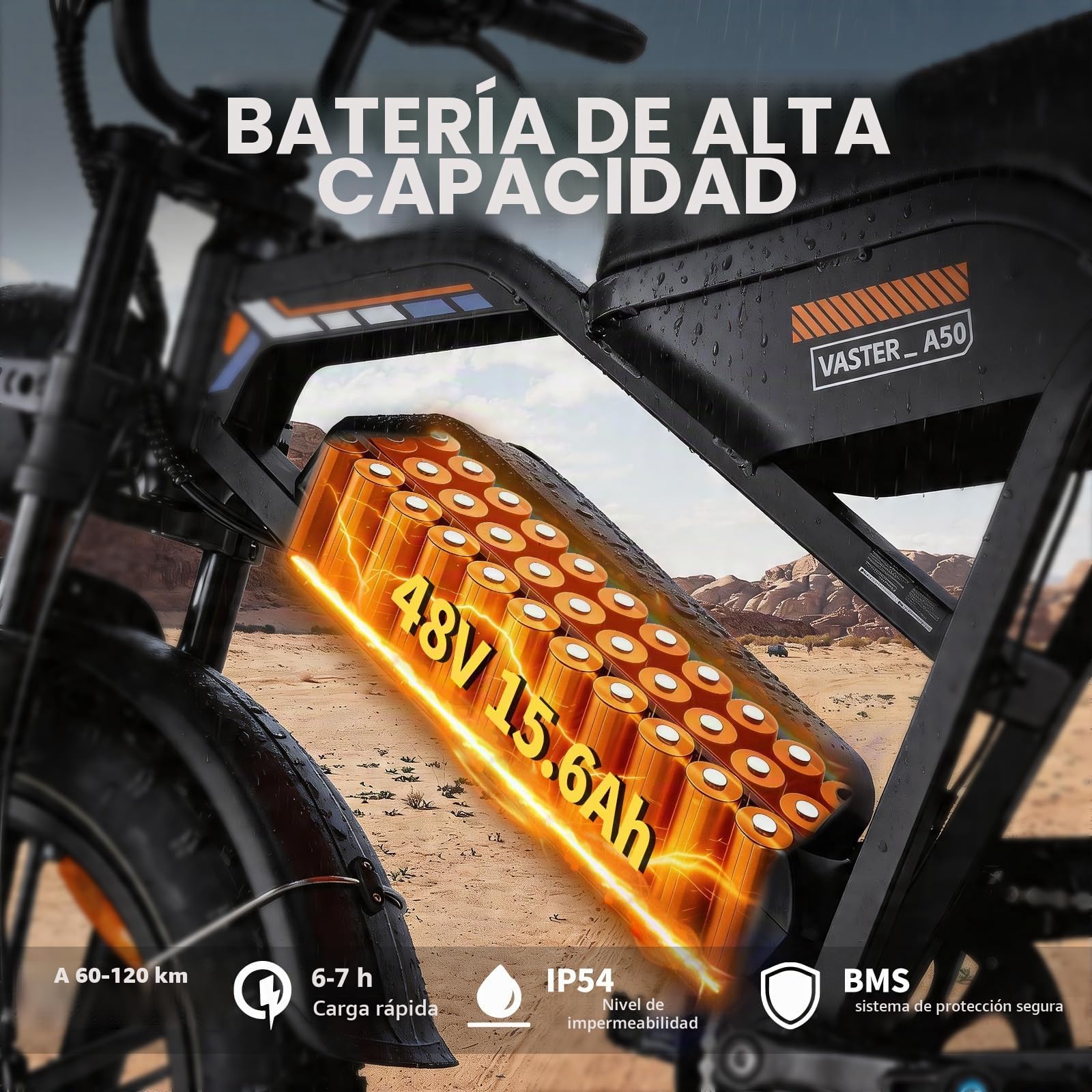 Bicicleta eléctrica para hombre, 20", batería extraíble, color negro y naranja