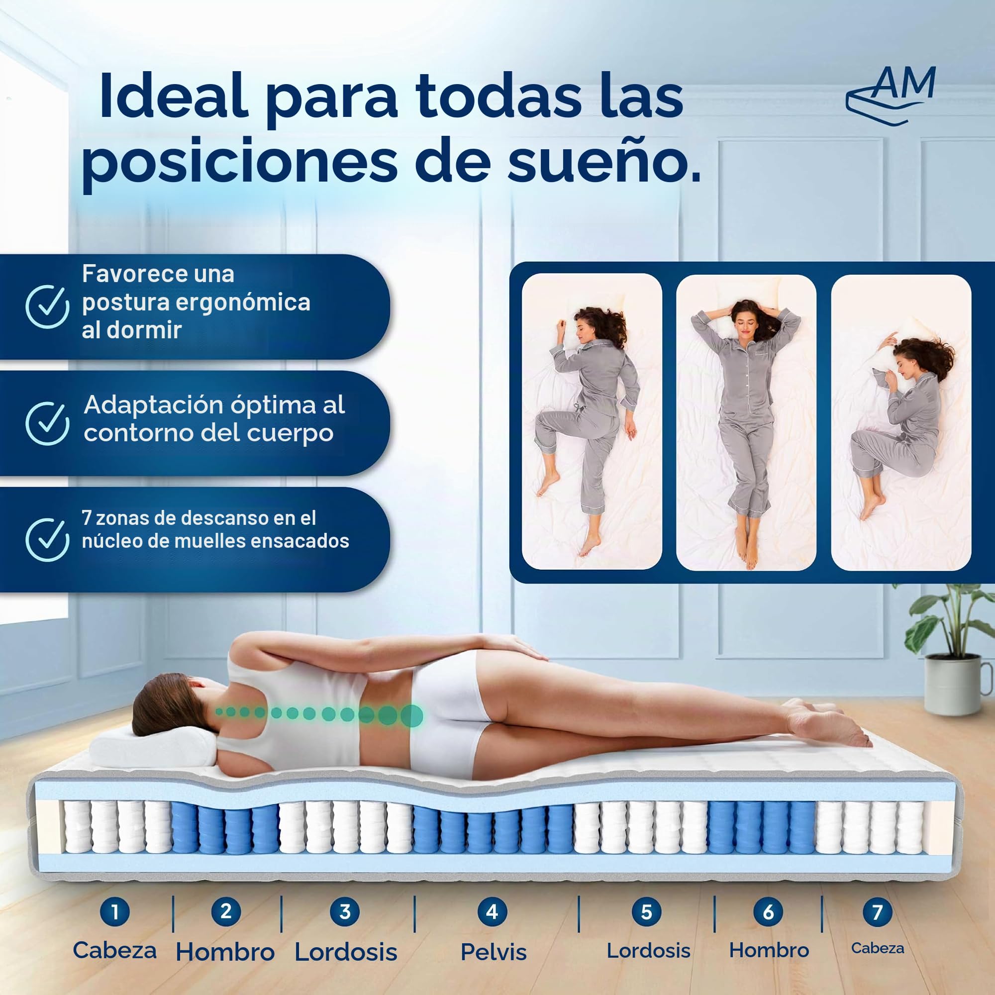 AM Qualitätsmatratzen Colchón muelles ensacados 150x190 cm - firmeza Media & 20 cm - Colchón 150x190 muelles ensacados de 7 Zonas - Colchón 150x190 ergonómico con Funda Lavable - Certificado Oeko Tex