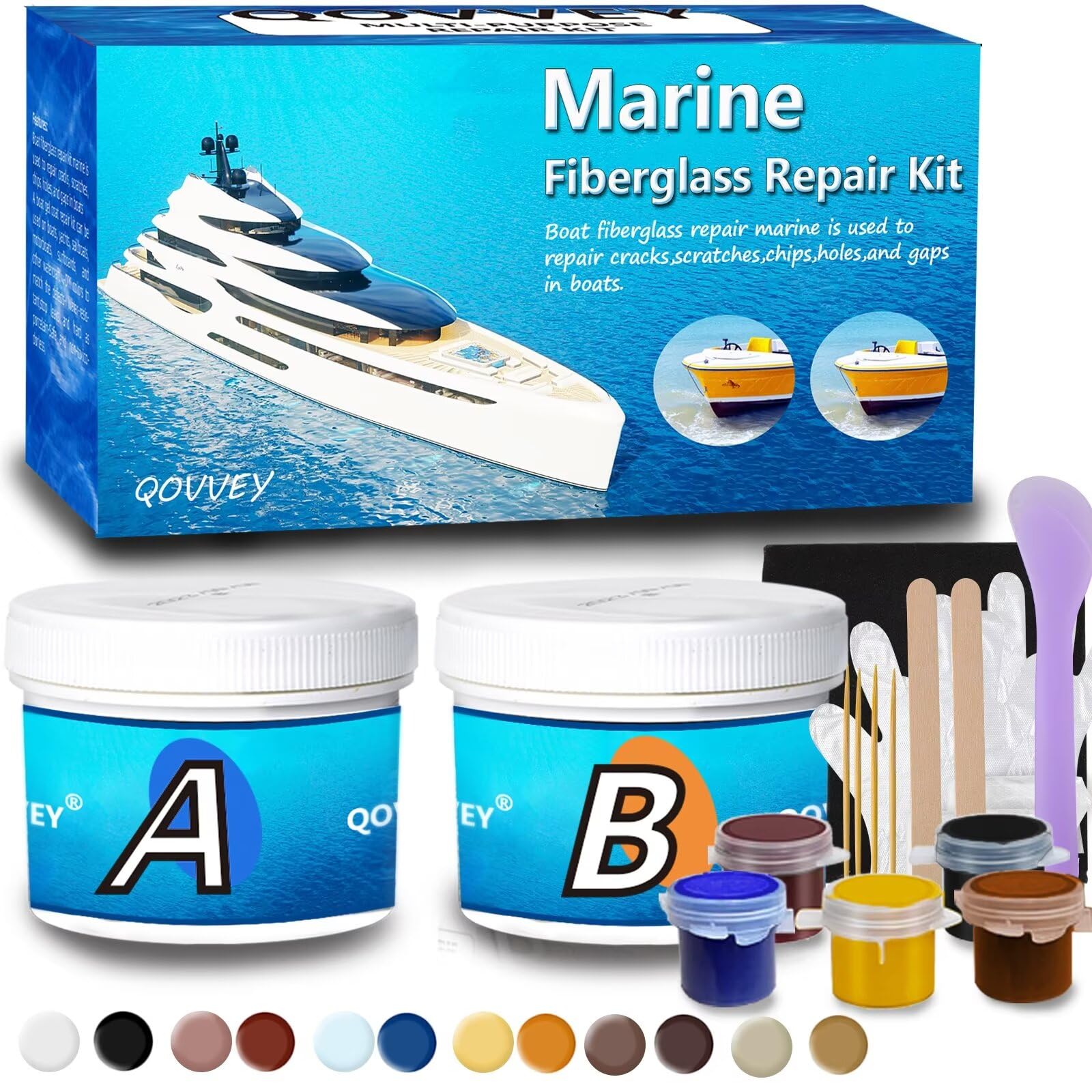 QOVVEY Marine Fiberglass Repair Kit for Boats - Fiberglass Gelcoat Boat Repair Kit, 4 oz Quickly Fix Holes, Chips, Cracks, Pits, Scratchs