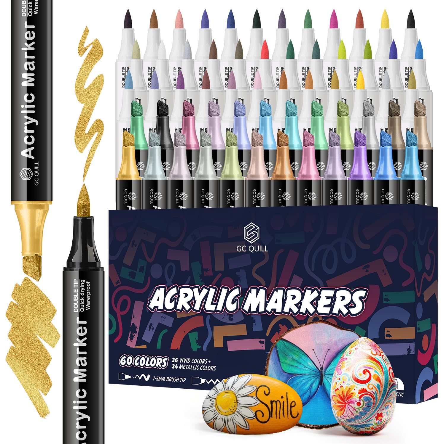 60 Acrylic Dual Tip Markers – 36 Basic Colours + 24 Metallics – Brush & Beveled Tip (1-5 mm) – For Stone, Wood, Fabric, Glass, DIY, Crafts GC-AM60