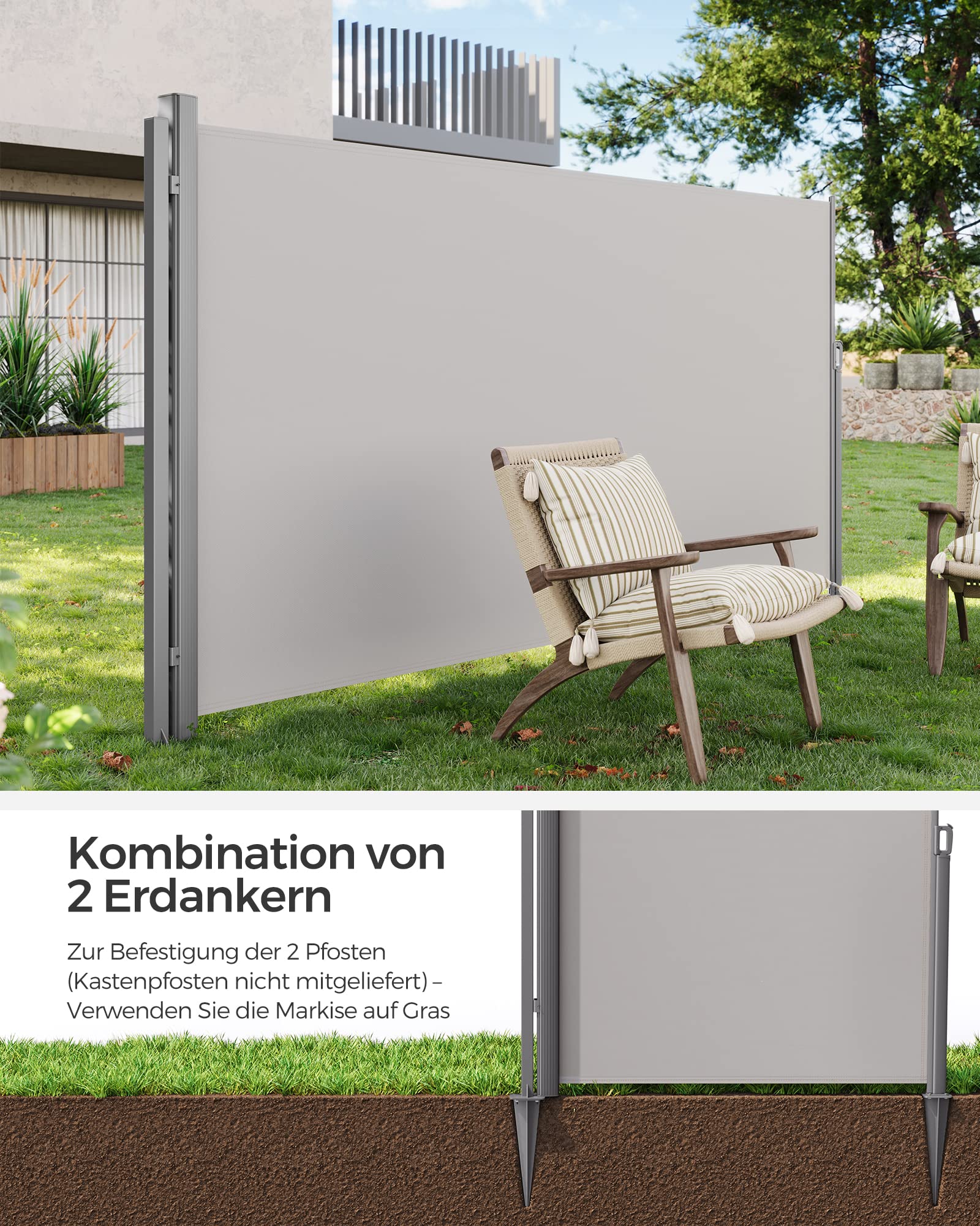 SONGMICS Erdanker, Bodenanker für Standpfosten von Seitenmarkisen, Erdnagel, nur für SONGMICS Alu-Seitenmarkisen geeignet, grau GSA001