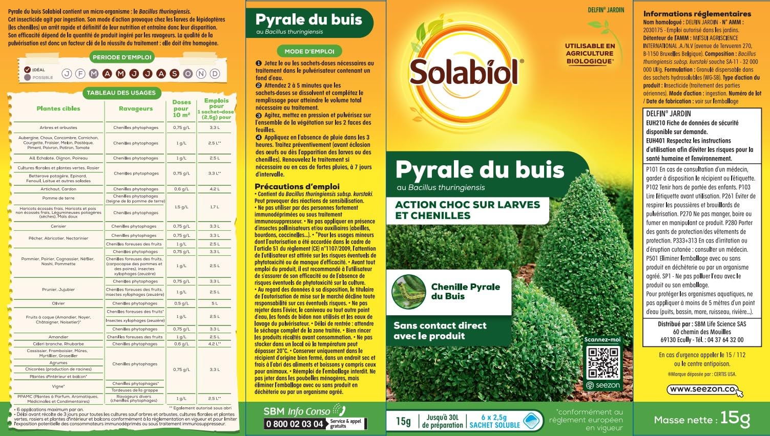 SOLABIOL 2 Traitements Pyrale du Buis Au Bacillus Thuringiensis (BTK) - Action Choc sur Larves et Chenilles - 12 Sachets Hydrosolubles - 30g - Utilisable en Agriculture Biologique SOPYRAL15X2