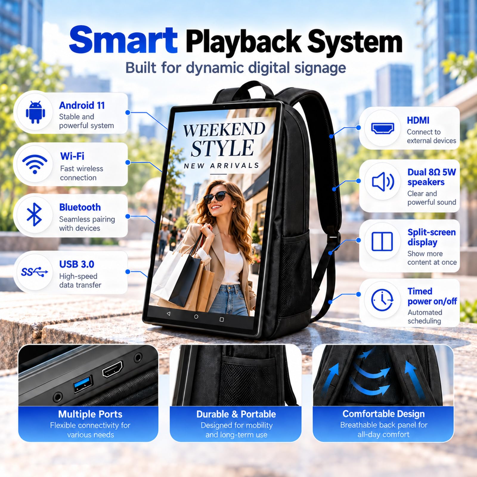 Mochila Publicitaria IP65 21,5 Pulgadas, Pantalla LCD Full HD 1000 Nits, Wi-Fi CMS, Reproducción Automática, USB/TF para Exterior, Eventos y Promociones