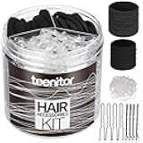 Hair Accessories Kit for Woman Girls 500pcs Elastic Hair Bands 30pcs Ponytail Holders, Black Seamless Thick Hair Bands, 40pcs Bobby Pins Black Clear