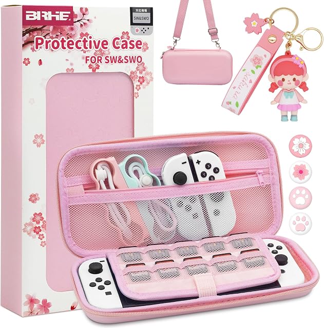 BRHE Pink Carrying Case Kit for Nintendo Switch/Switch oled Accessories Hard Portable Protective Bundle Travel Bag Shock/Water-Proof Shell with Thumb Grip Caps and Doll Pendant.