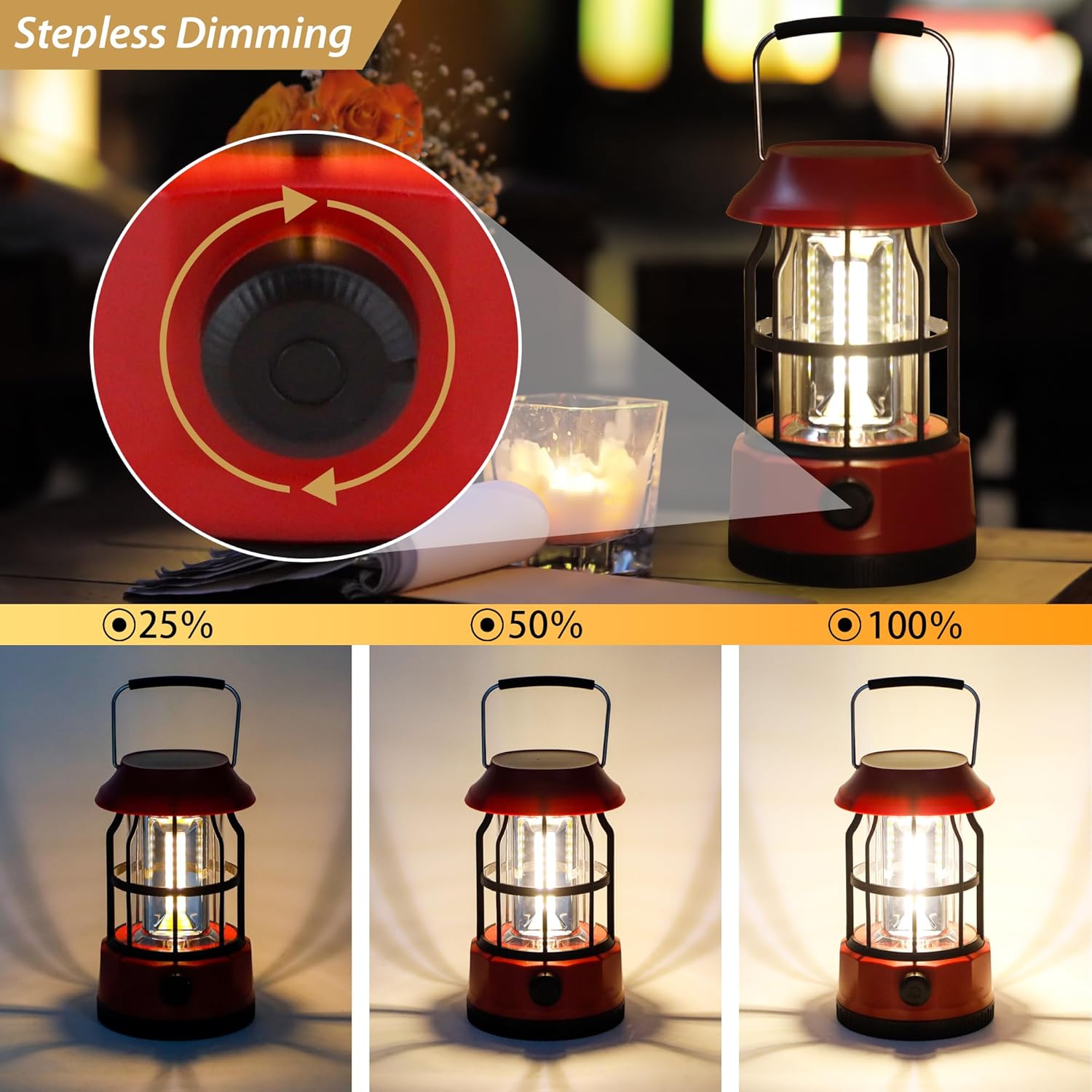 TRIROCKS Set of 2 LED Solar Camping Lantern Dimmable Rechargeable Lantern IPX3 Water-Resistant Portable Emergency Lights Outdoor Camping Lights for Camping Home Power Outage Hurricane Hiking (Red)