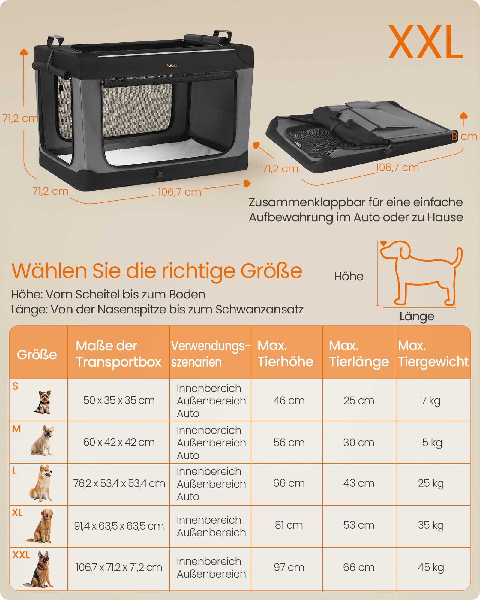 Feandrea Hundebox faltbar, 106,7 cm Transportbox für große Hunde, Hundetasche, Oxford-Gewebe, mit 4 Türen aus Netzstoff, Griffen, Taschen für Futter und Wasserflasche, tintenschwarz PDC021B01