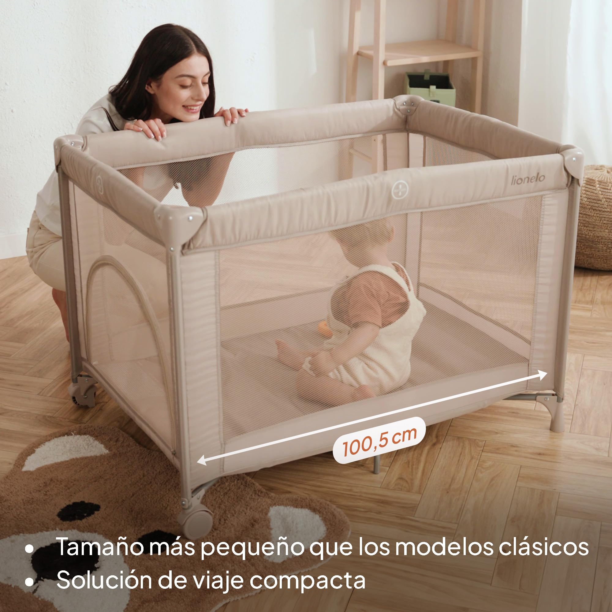 Lionelo Cuna de viaje para bebé Amelie desde el nacimiento hasta los 15 kg, Pequeña, Plegable, Colchón blando plegable, 100,5x70,5 cm, 2 ruedas, Entrada lateral, Bolsa de transporte